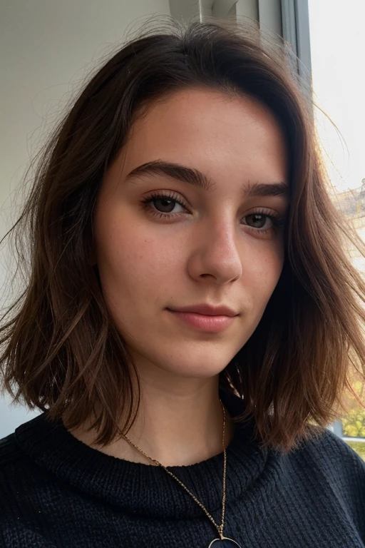 Instagram-Foto, 21 year old French woman, kurzes Haar, schwarzes Haar, Close-up portrait, Pullover, Dekollete, blass, harte Schatten