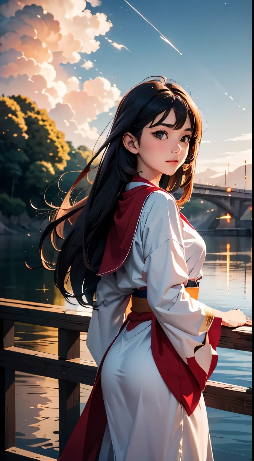 ((masterpiece, highest quality)) a beautiful girl stands in front of a bridge, wearing priest robes, sunkissed, fantasy background, high fantasy, studio Ghibli, Miyazaki 