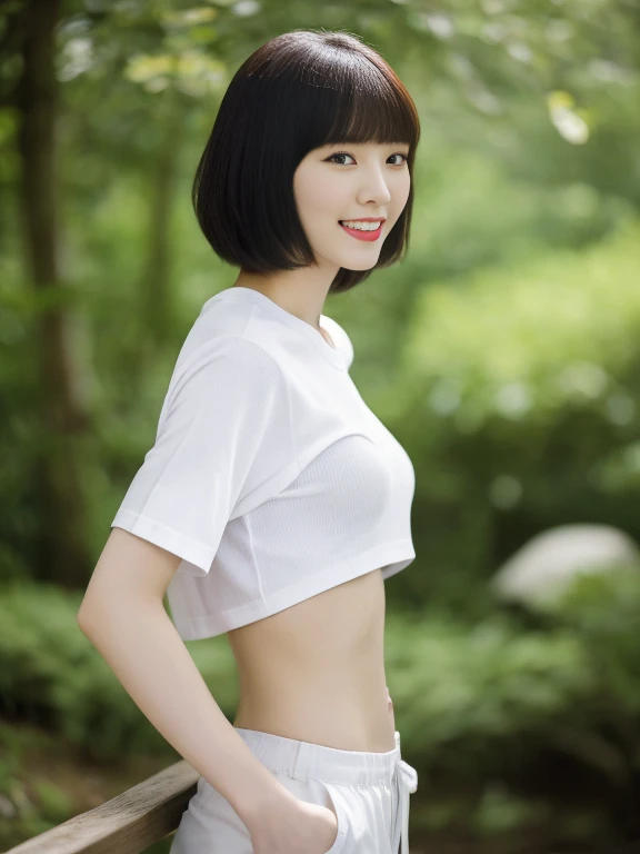 top-quality,masterpiece,Raw photography,8K,Top image quality,hight resolution, 18 years old Japanese female idol ,Beautuful Women,cute Japanese girls, lying,on_side,Pretty Woman ,Beautiful face in every detail, aegyo sal ,small head, seductive smile ,Realistic human skin, pale skin ,cut model , Short hair ,bowl cut ,skinny body ,pale skin,Sweat, t-shirts, shirt lift ,rib ,(low rise pants,from side, put one's hand inside one's clothes ), navel focus, arched back, contrapposto ,rain ,dimly lit