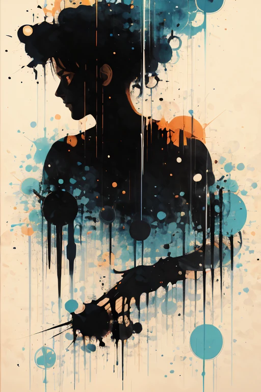 Silhouette of a posed street boy:dynamic pose:profile,Ink splash,Bold colors,dynamically,colorful,An abstract painting that looks like a person if you look closely,works of art,mysterious,design, best goes on