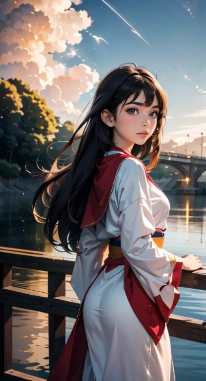 ((masterpiece, highest quality)) a beautiful girl stands in front of a bridge, wearing priest robes, sunkissed, fantasy background, high fantasy, studio Ghibli, Miyazaki 