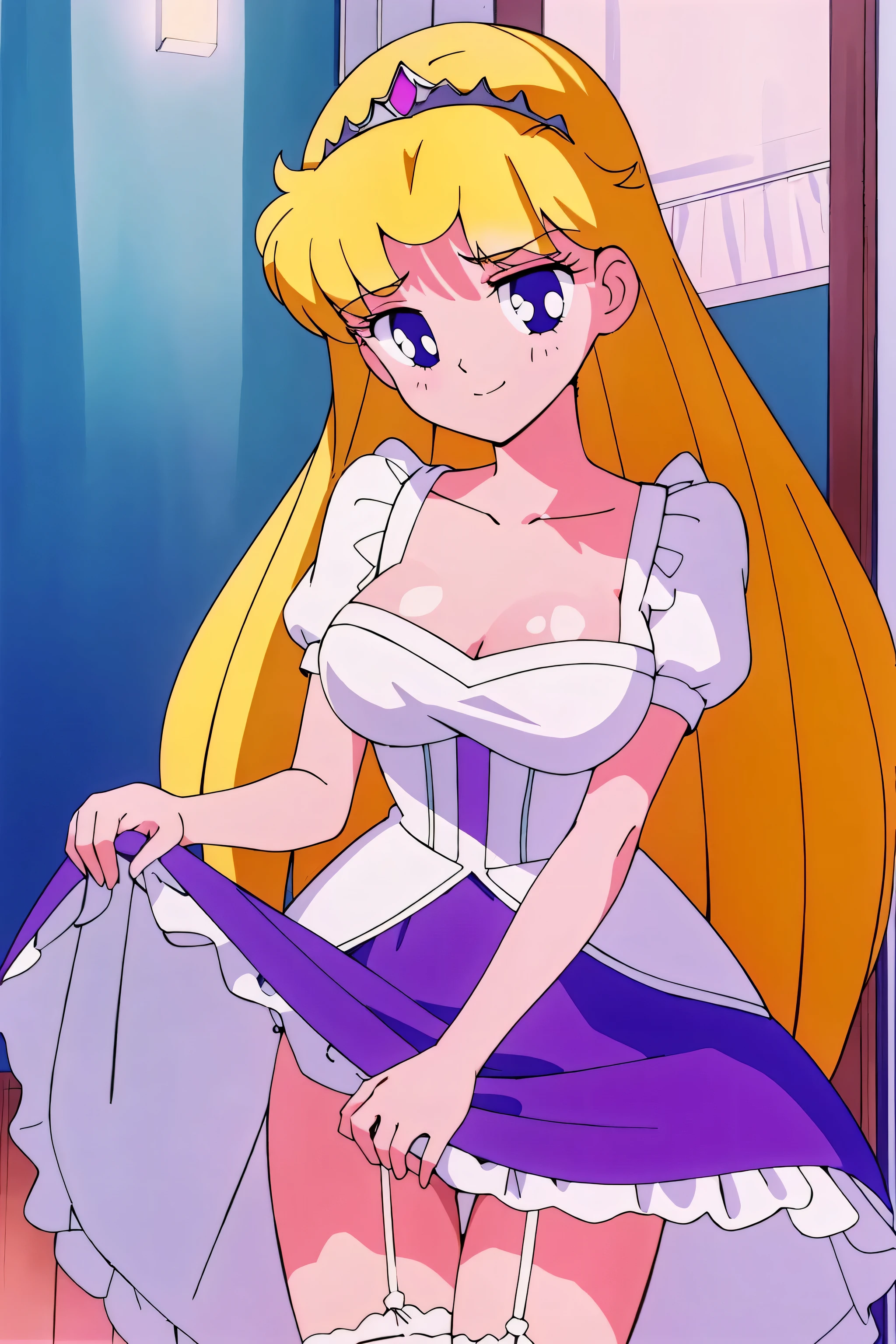 highest quality, masterpiece, 1 girl, shine background, looking at the viewer, portrait, light smile, shine, pastel colour, puff sleeve princess dress, long skirt, cleavage, garter belt, Panty stocking, skirt lift, how, how shot, how on face, how on breast, facial,