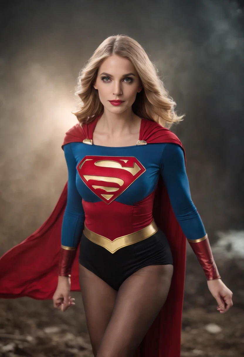 Corps de femme ensemble gros seins, Supergirl costume dress, 16K quality, hyper detailed with black tights black stockings