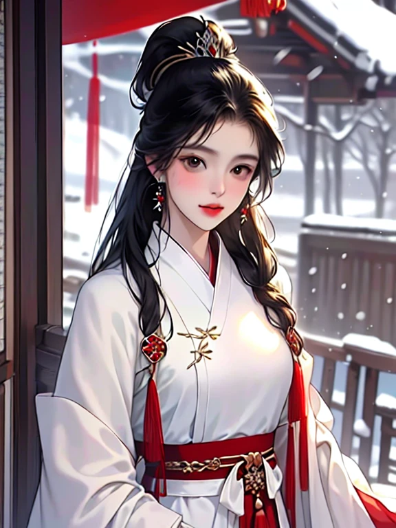 (best quality), ((masterpiece)), (highres), illustration, original, extremely detailed, licg, snow, snowman, 1girl, 1boy, chinese clothes, black hair, outdoors, long hair, winter, long sleeves, fur trim, hanfu, snowing, ponytail, jewelry, ribbon, looking down, earrings, blurry, hair ornament