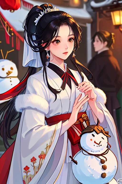 (best quality), ((masterpiece)), (highres), illustration, original, extremely detailed, licg, snow, snowman, 1girl, 1boy, chinese clothes, black hair, outdoors, long hair, winter, long sleeves, fur trim, hanfu, snowing, ponytail, jewelry, ribbon, looking down, earrings, blurry, hair ornament