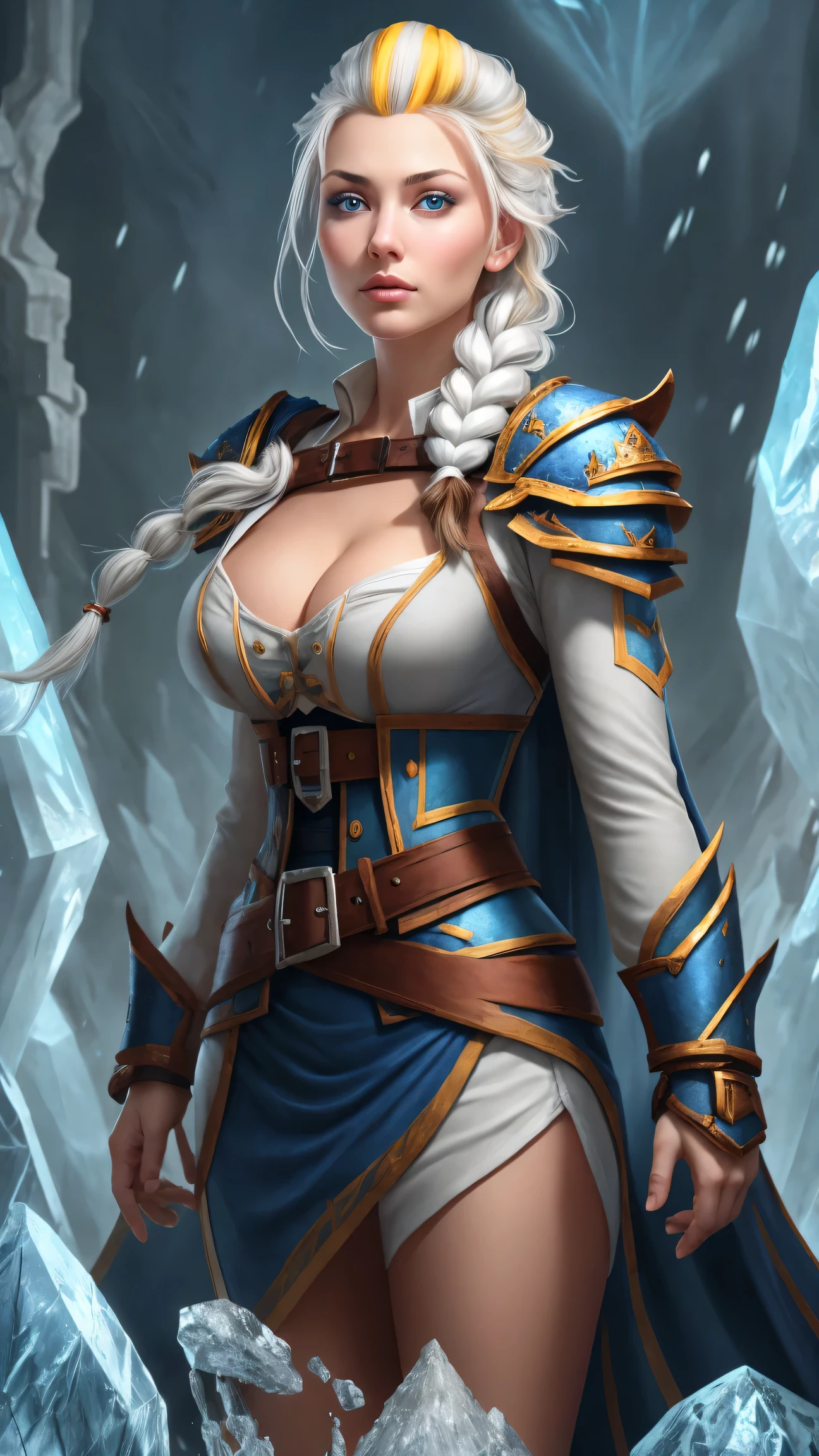 masterpiece, best quality, 1girl, solo, standing, jainapost, multicolored hair, white hair, (single braid:1.1), chest strap, cleavage, armor, corset, blue cape, gauntlets, bracer, greaves, long sleeves, parted lips, hand on hip, dark, huge breasts, bursting breasts, magic, spell, crystal, frost, ice, blizzard,,,,,