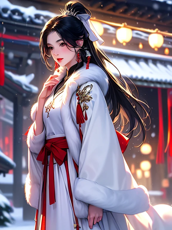 (best quality), ((masterpiece)), (highres), illustration, original, extremely detailed, licg, snow, snowman, 1girl, 1boy, chinese clothes, black hair, outdoors, long hair, winter, long sleeves, fur trim, hanfu, snowing, ponytail, jewelry, ribbon, looking down, earrings, blurry, hair ornament