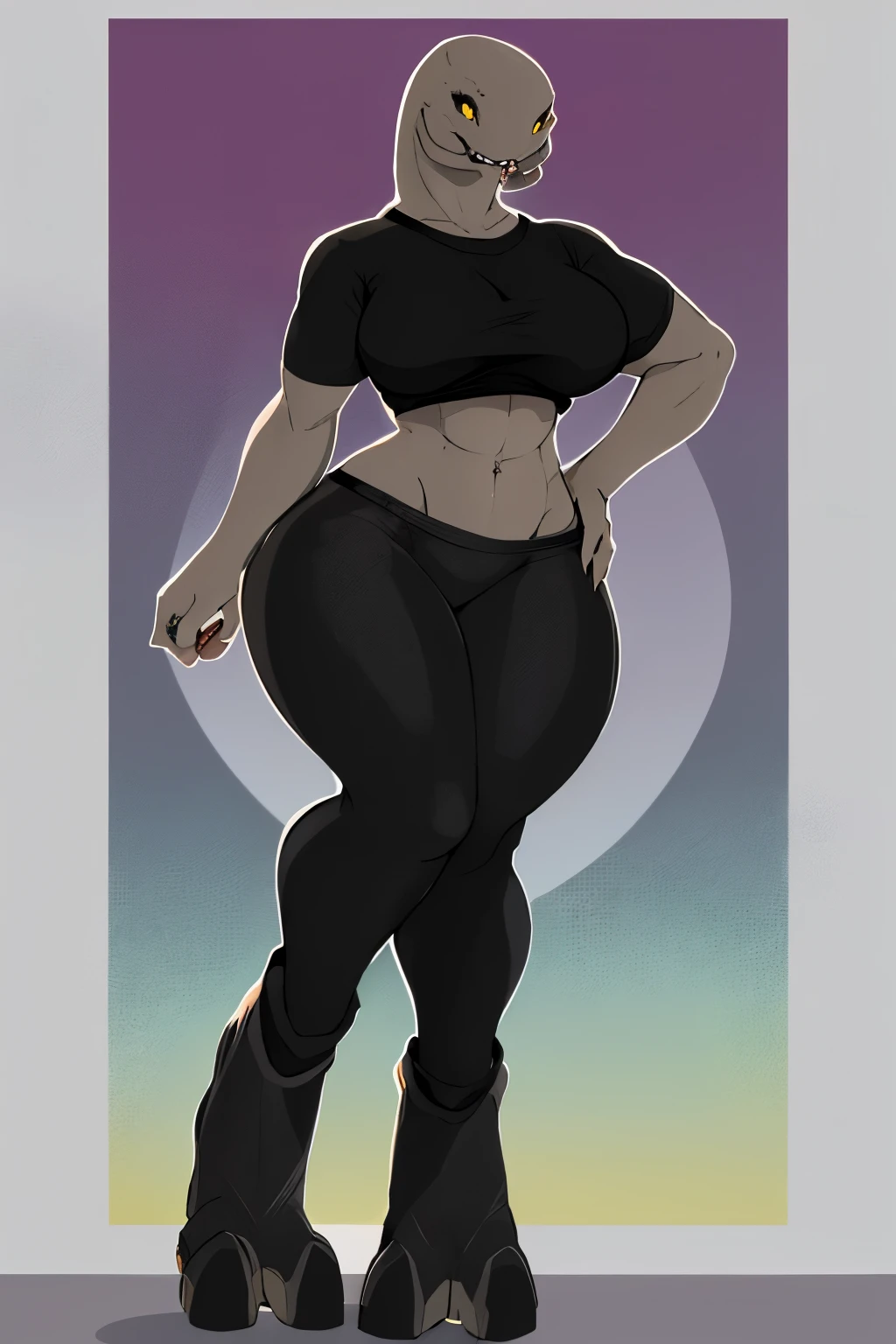 sangheili, anthro, female, solo, halo \(series\), alien, thick thighs, yellow eyes, looking at viewer, black shirt, leggings