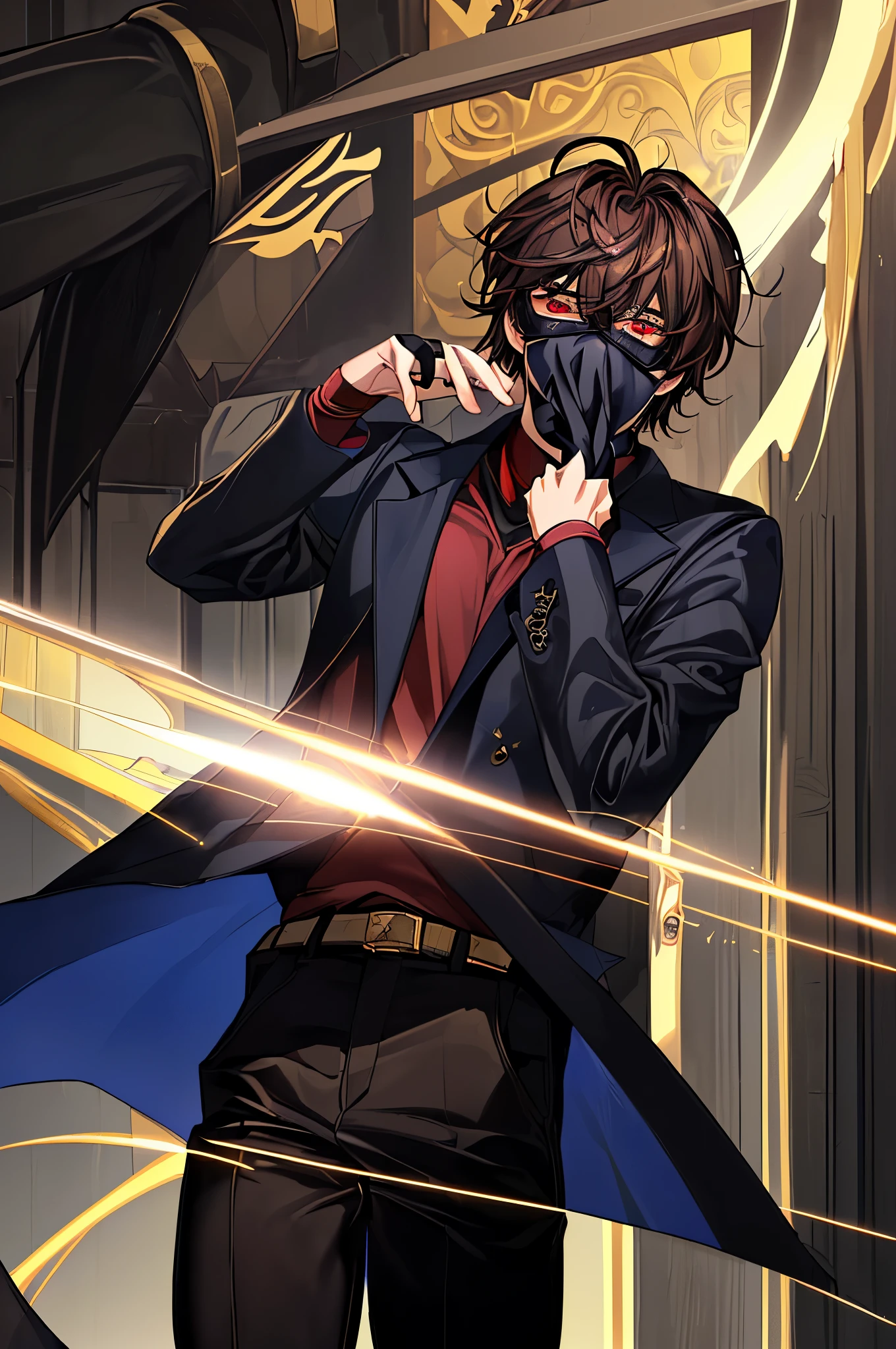 (​masterpiece、top-quality、absurderes)、 18-year-old adult male, Detailed pupil glow, short, twitchy dark brown hair, Long bangs, gold and red eyes, Dark Blue Shirt, black pants, Contre-Jour, large goggles covering his eyes, utility belt