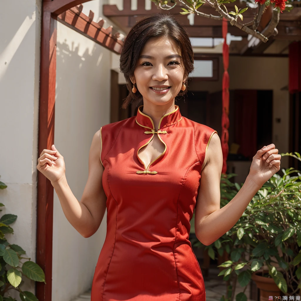 masterpiece, best quality, chinese, 1 woman, 60 years old, mature, upper body, smile, red chinese dress