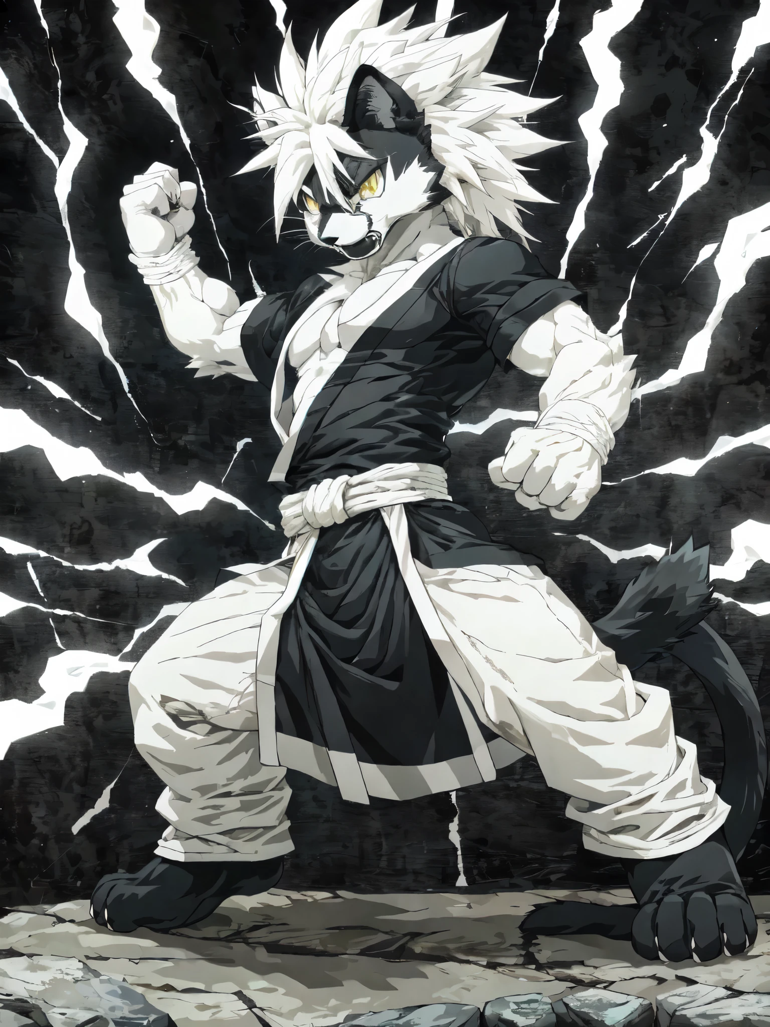 Solo, male, black and white bicolor cat, yellow eyes, black lower lip, Leo, anthropomorphic body, black tail cat, muscular, shirtless, white hakama pants, fighting stance, surrounded by white energy, by Akira Toriyama, dbz style,