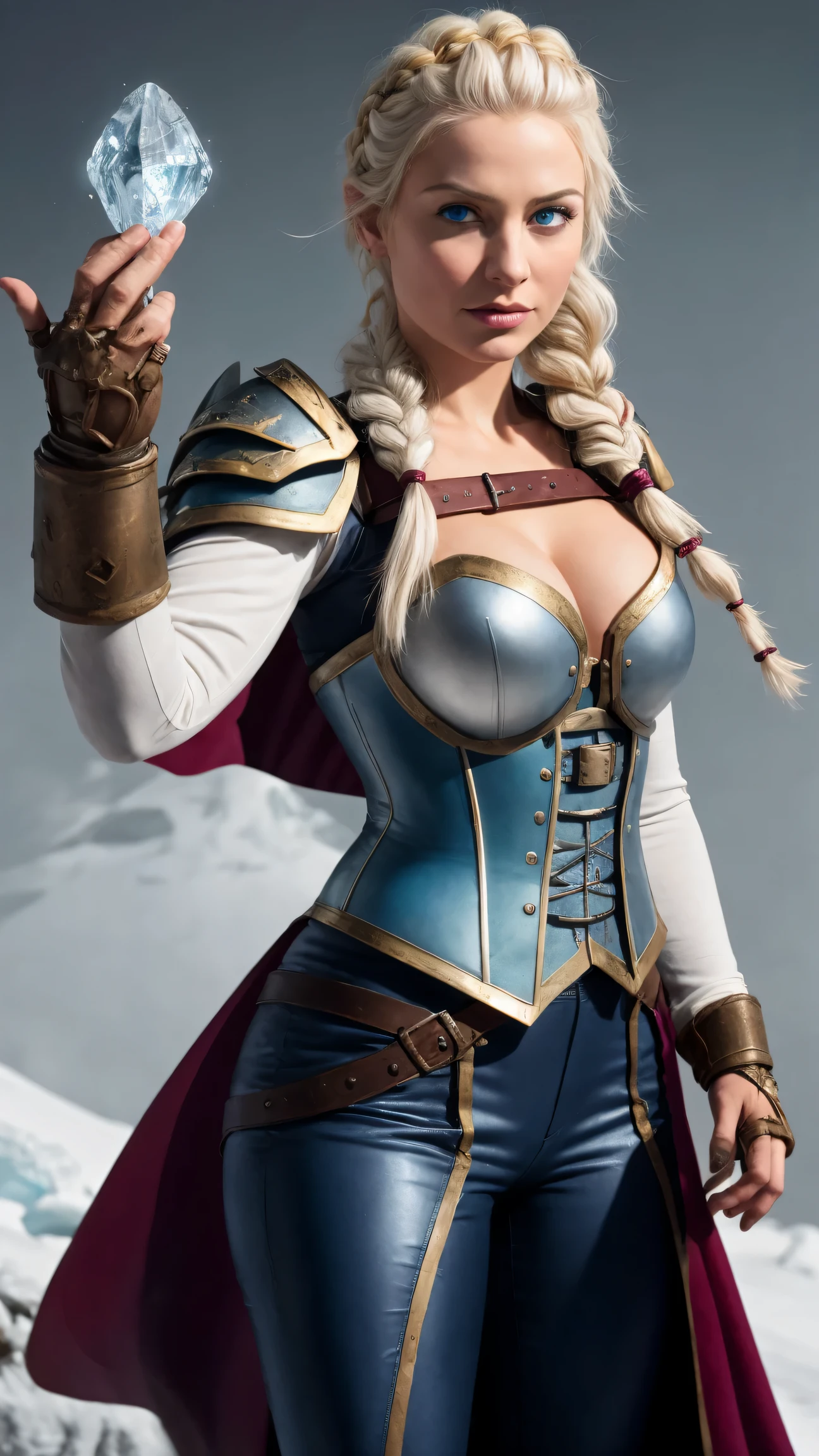 masterpiece, best quality, 1girl, solo, standing, jainapost, multicolored hair, white hair, (single braid:1.1), chest strap, cleavage, armor, corset, blue cape, gauntlets, bracer, greaves, long sleeves, parted lips, hand on hip, dark, huge breasts, bursting breasts, magic, spell, crystal, frost, ice, blizzard,,,,,