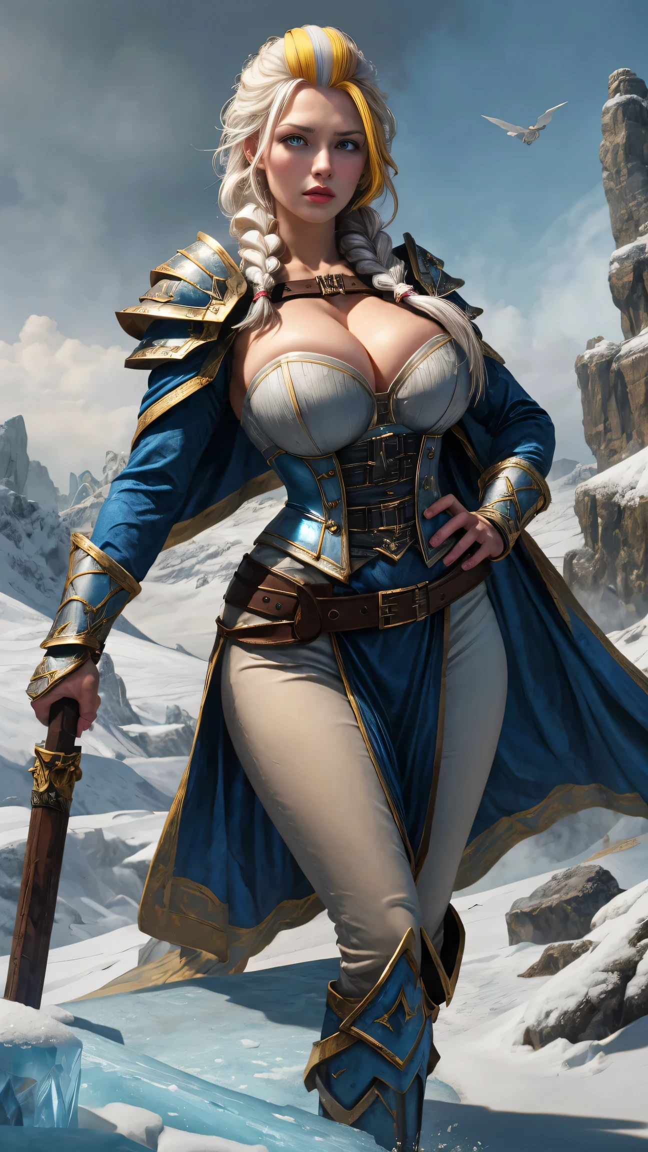 masterpiece, best quality, 1girl, solo, standing, jainapost, multicolored hair, white hair, (single braid:1.1), chest strap, cleavage, armor, corset, blue cape, gauntlets, bracer, greaves, long sleeves, parted lips, hand on hip, dark, huge breasts, bursting breasts, magic, spell, crystal, frost, ice, blizzard,,,,,