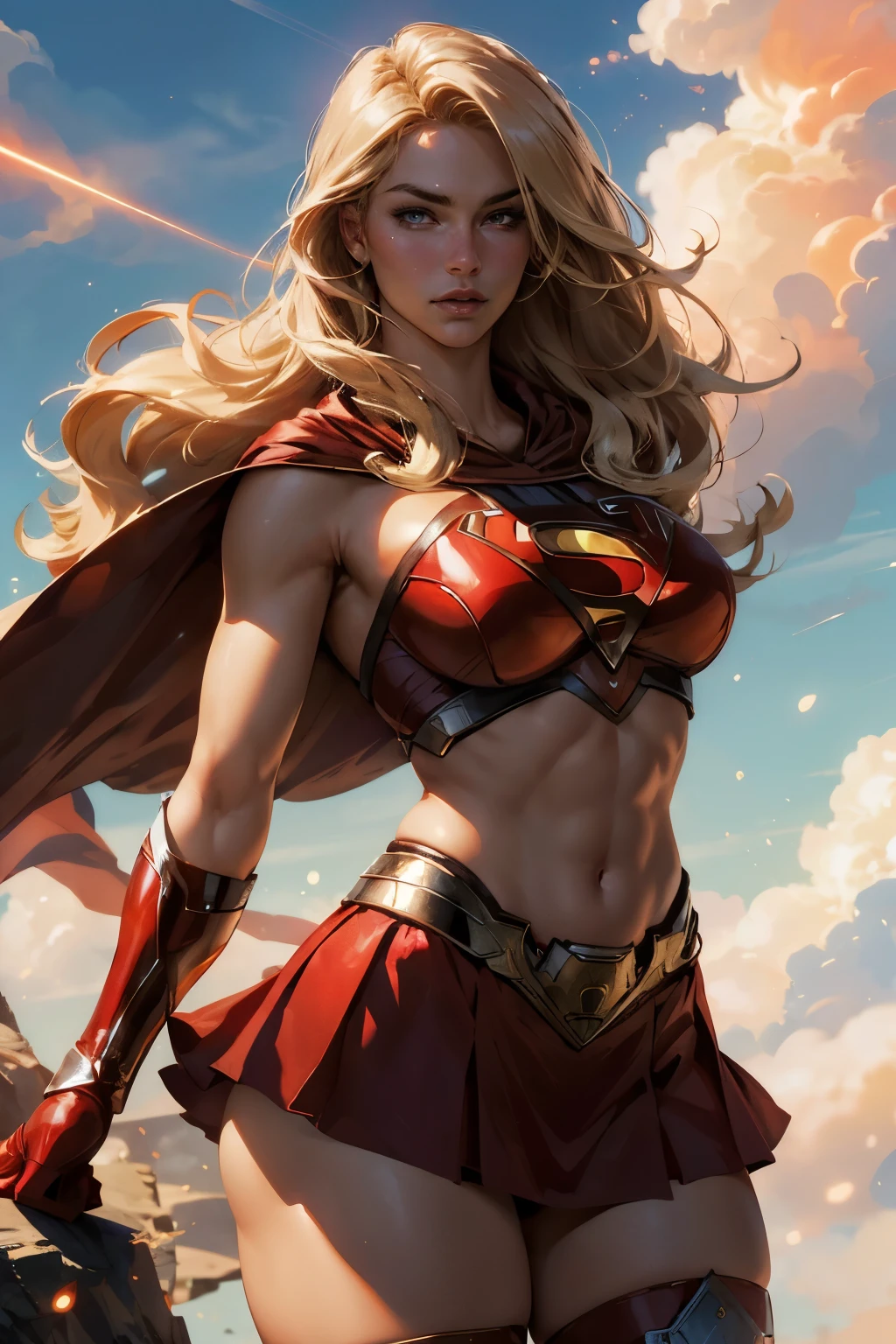 8K,Supergirl,Blonde,Super Beauty(Like the real thing),Kryptonian,Superman Costume,masterpiece,Photorealistic RAW photos of the highest quality。Bright colors,Rich colors, Backlight, Cinema Lighting, Film Grain, to be born, 50mm lens, Nikon D850,Realistic Skin,Fantasy art,Character Art,Ultra-high resolution,Surreal,A wonderful work of art、((Kyoto Panel Style))、Wind effects:1.9、Cloud Effect:1.2、Full Rendering、Professional quality high resolution、Perfect contrast、Perfect lighting、Perfect composition、Perfect Skin、Perfect Fingers、Perfect breasts、Perfect Hair、Perfect Face、Realistic facial features,super highest quality,Slim figure,Perfect body line,Perfect hand shape,Anatomical body balance,Highly detailed face,Highly detailed eyes,Beautiful Lips,Excellent light particles,Cinema Lighting,Makeup,Ultra-high resolution,超Realistic Skin,Sexy woman closeup,Dynamic pose,Hard and strong abs,Makeup,Very large breasts,Fighting Pose,