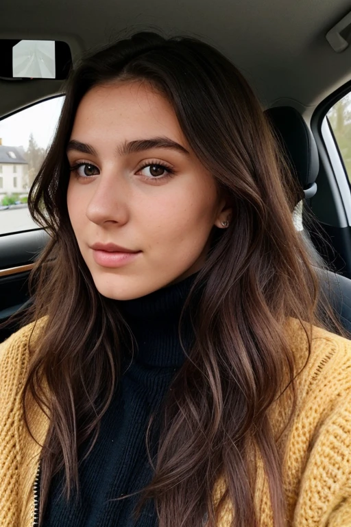 Instagram-Foto, 21 year old French woman, kurzes Haar, schwarzes Haar, Close-up portrait, Pullover, Dekollete, blass, harte Schatten, sitzt im Auto, bites sensually into a burger