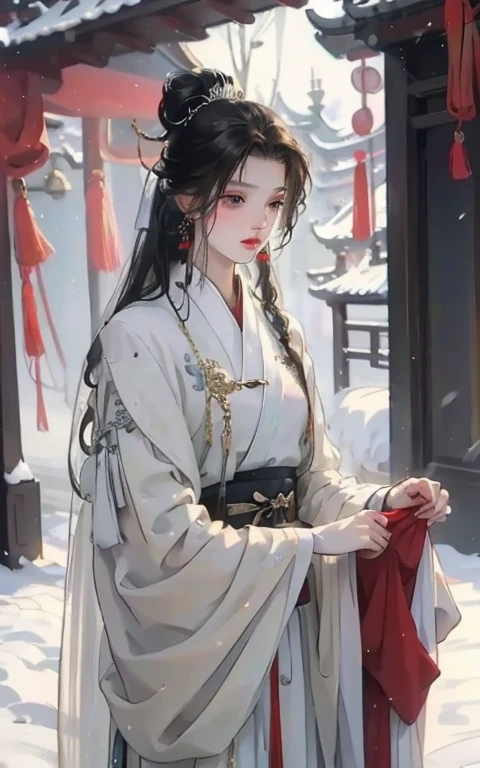 (best quality), ((masterpiece)), (highres), illustration, original, extremely detailed, licg, snow, snowman, 1girl, 1boy, chinese clothes, black hair, outdoors, long hair, winter, long sleeves, fur trim, hanfu, snowing, ponytail, jewelry, ribbon, looking down, earrings, blurry, hair ornament