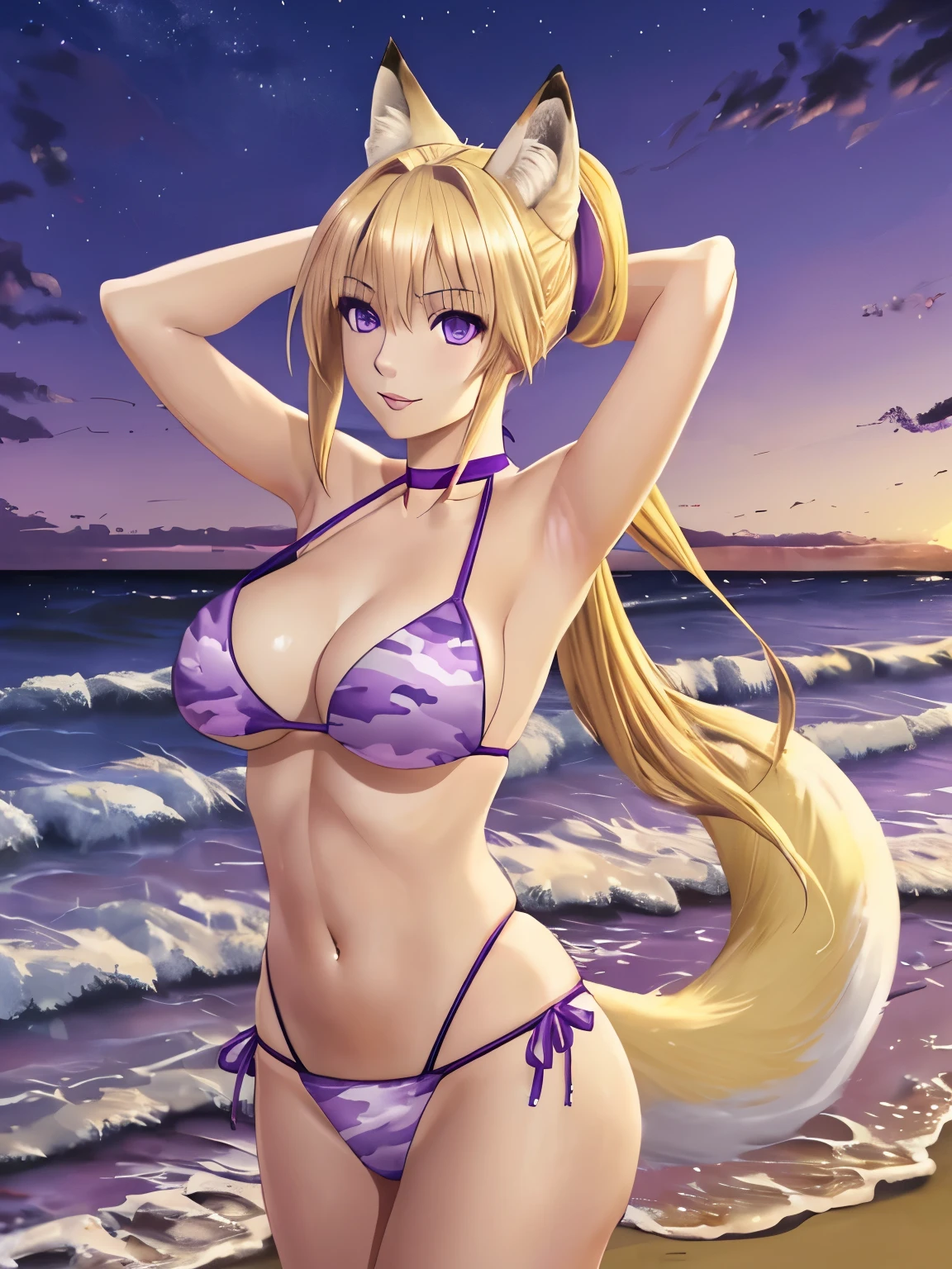 (hyperrealistic), a fox girl with a white fox tail, Sarah Fox, (blonde hair with ponytail), detailed purple eyes, happy, arms behind head, purple camouflage bikini, trained body, medium breasts, standing at the beach, at night