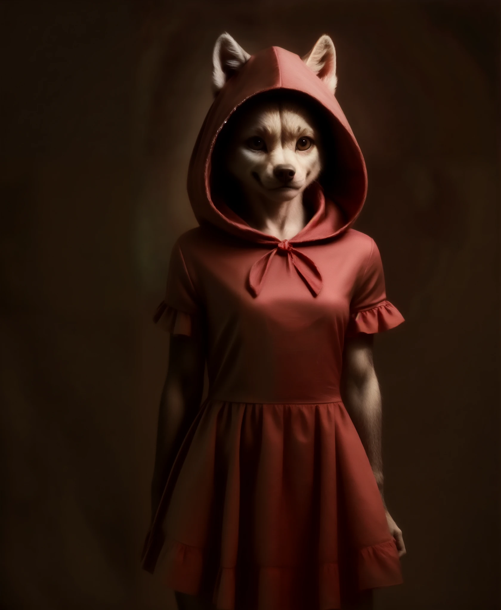 furry anthro wolf in red riding hood costume, highly detailed body fur, gray fur, cute, smiles seraphicly innocently, best quality, masterpiece, 8k, 4k, hdr resolution