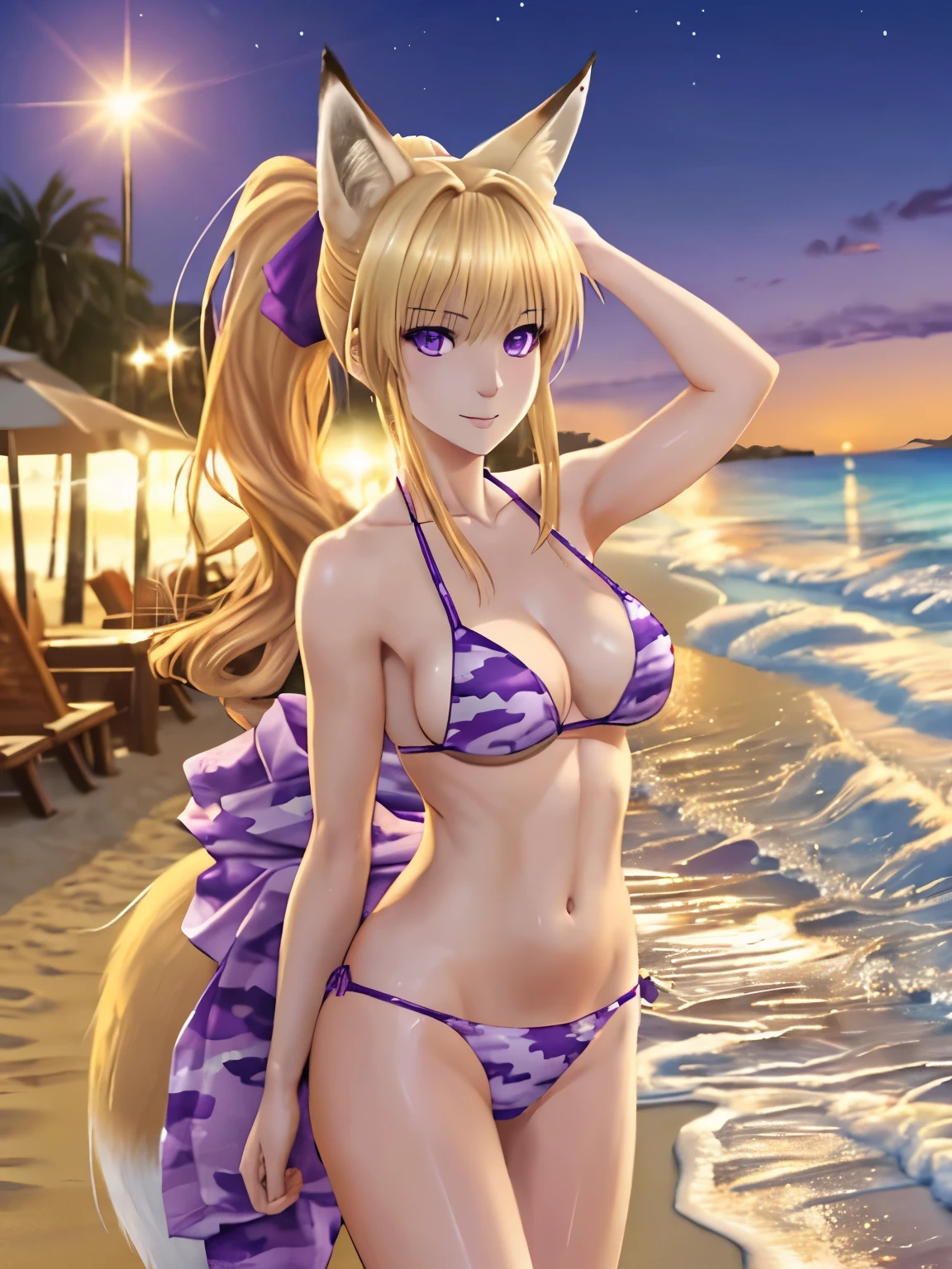 (hyperrealistic), a fox girl with a white fox tail, Sarah Fox, (blonde hair with ponytail), detailed purple eyes, happy, arms behind head, purple camouflage bikini, trained body, medium breasts, standing at the beach, at night