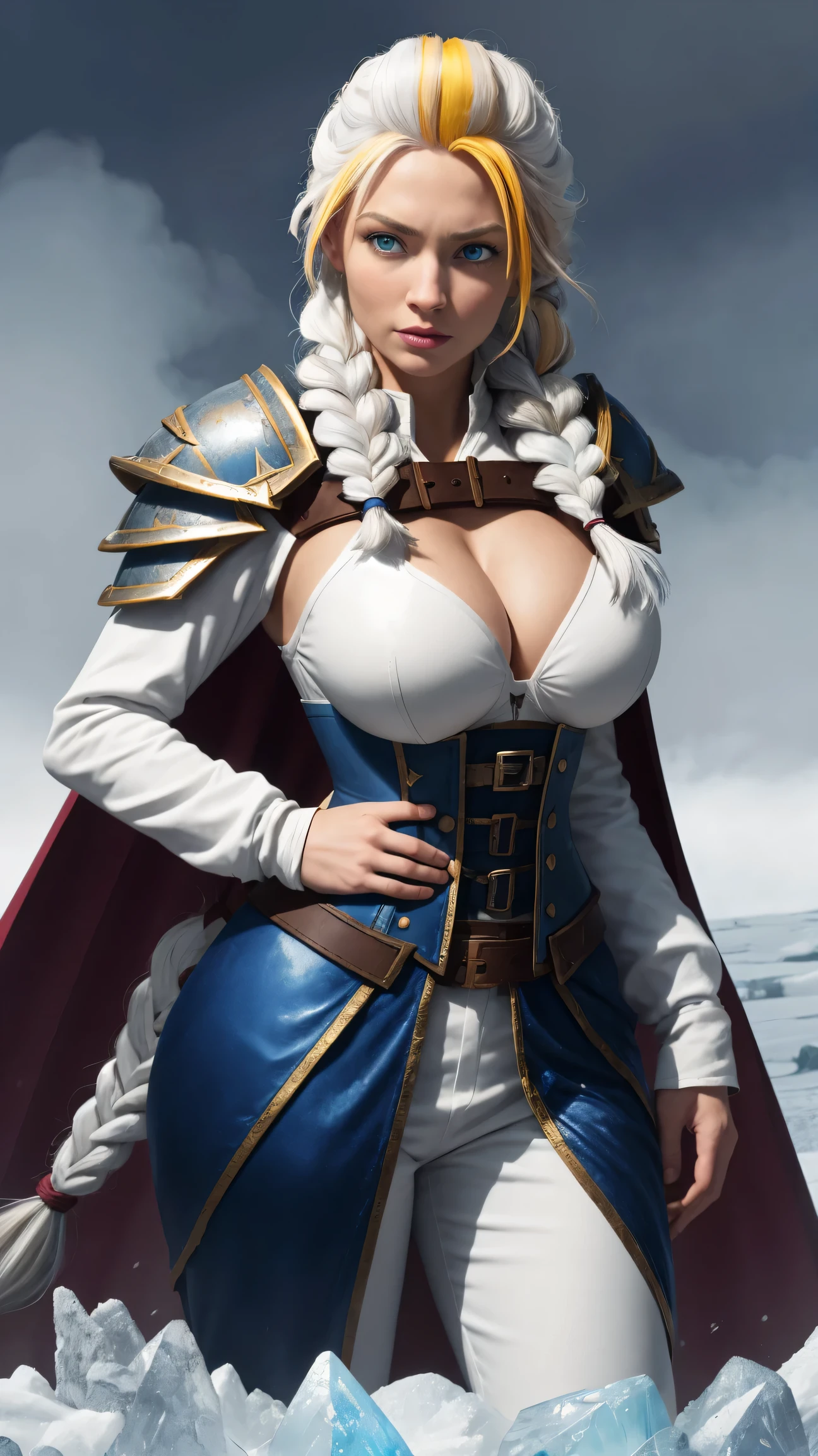 masterpiece, best quality, 1girl, solo, standing, jainapost, multicolored hair, white hair, (single braid:1.1), chest strap, cleavage, armor, corset, blue cape, gauntlets, bracer, greaves, long sleeves, parted lips, hand on hip, dark, huge breasts, bursting breasts, magic, spell, crystal, frost, ice, blizzard,,,,,