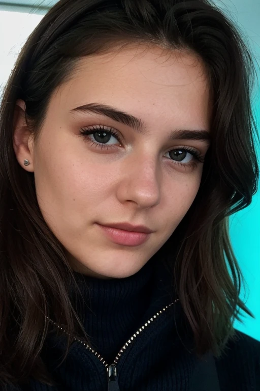 Instagram-Foto, 21 year old French woman, kurzes Haar, schwarzes Haar, Close-up portrait, Pullover, Dekollete, blass, harte Schatten, ist im Club, blaue Neonlichter