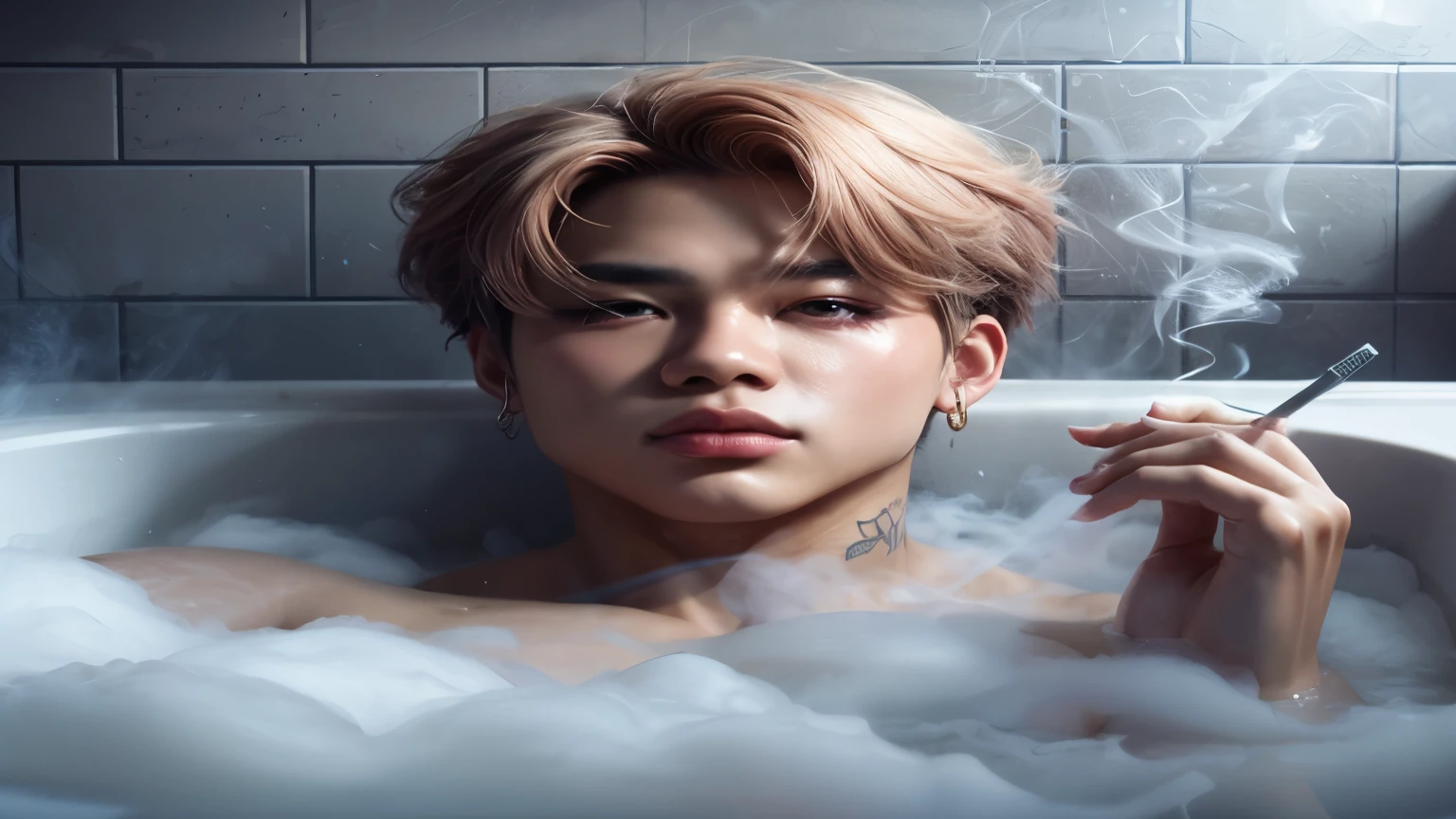 there is a man in a bathtub with smoke coming out of his mouth, loish y wlop, obra de arte al estilo de guweiz, inspired por Yanjun Cheng, Jimin, park Jimin, por Russell Dongjun Lu, Jimin\los labios carnosos, por Yanjun Cheng, Arte de Jinyoung Shin, por jeonseok lee, inspired por Russell Dongjun Lu