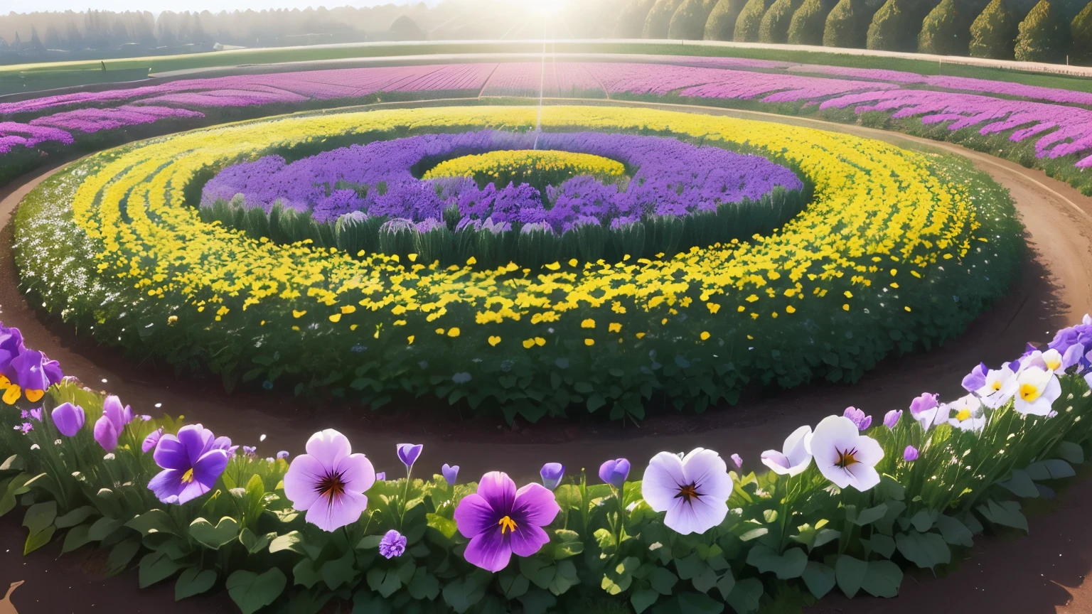 (((there are no humans))),pansyの花畑のクローズアップ , pansy, flower garden winter morning, background natural flower, an aesthetic field of flowers