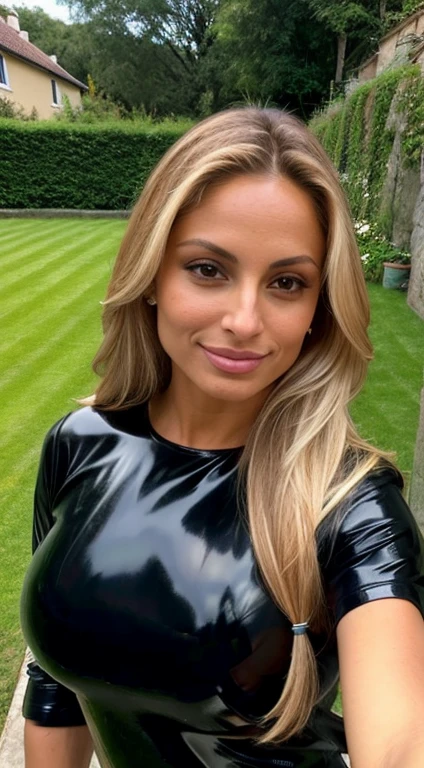 Trish Stratus, ((pechos grandes)), ((hiperrealismo)) ,. blonde hair with light brown roots. cabello rubio, Hair with brown roots, cabello extra largo, cabello muy largo, really long hair, Beautiful, Front view, selfie, photo taken with iPhone, elegant black shirt with escote, escotada, selfie in the garden, high quality, selfie iPhone, cleavage, latex clothing