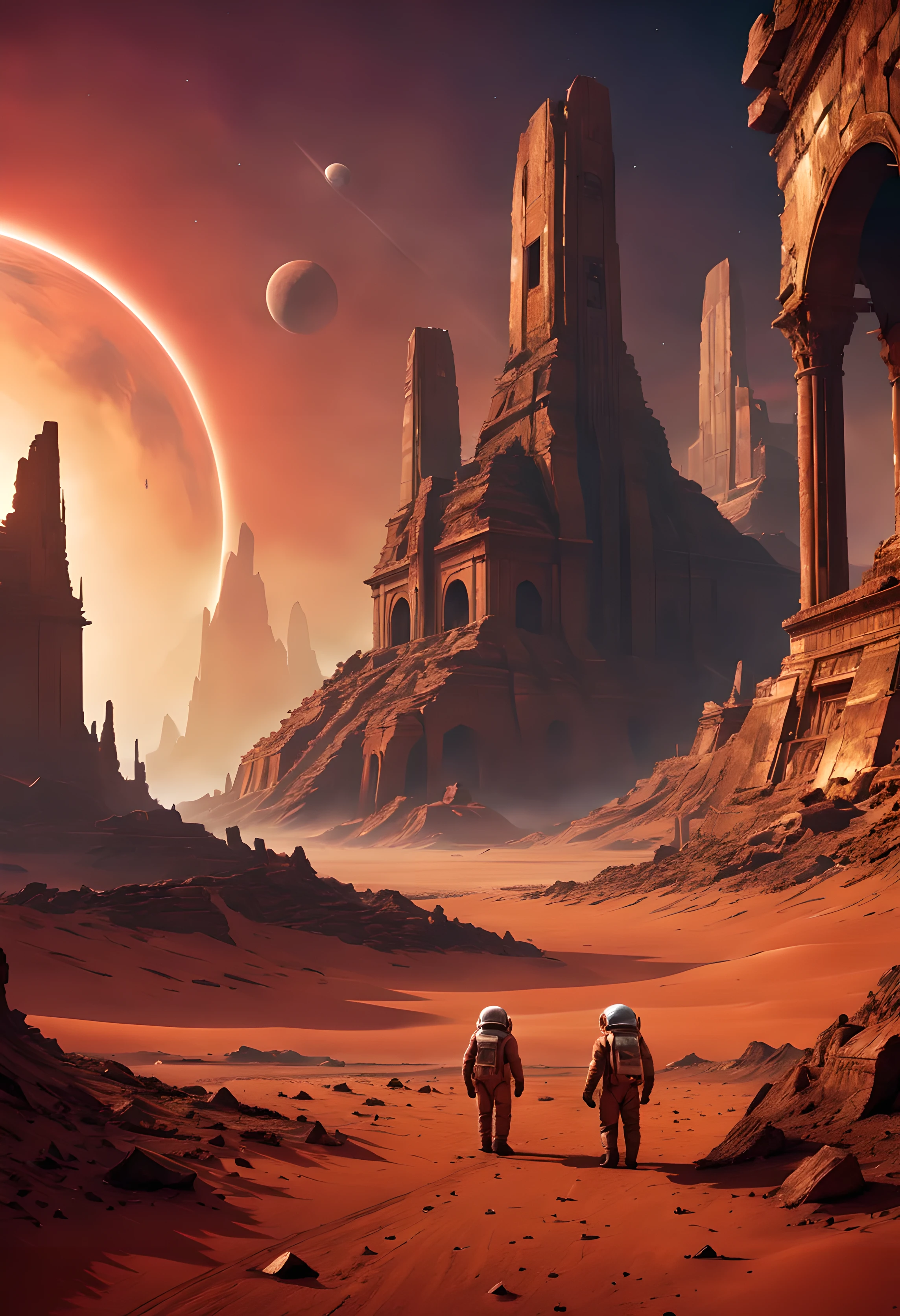 Movie Poster,(mysterious ancient ruins) on Mars,(science-fiction concept art),(detailed illustrationest quality,4k,highres,masterpiece:1.2),red planet landscaperight vibrant colors:1.1),(sci-fi lighting),(HDR),(crumbling structures),(desolate environment),(infinite horizon),(alien artifacttraterrestrial architecture),(atmospheric perspective),(exploration),(futuristic technology),(ruins of an advanced civilization),(isolated and abandoned),(astronaut explorers),(eerie atmosphere),(strange symbols),(mystical energy sources),(sweeping panoramic view),(dusty red sand),(surreal atmosphere),(ancient mysteries),(distant starry sky),(hauntingly beautiful),(dreamlike imagery),(epic scale),(awe-inspiring),(scientific discovery)
