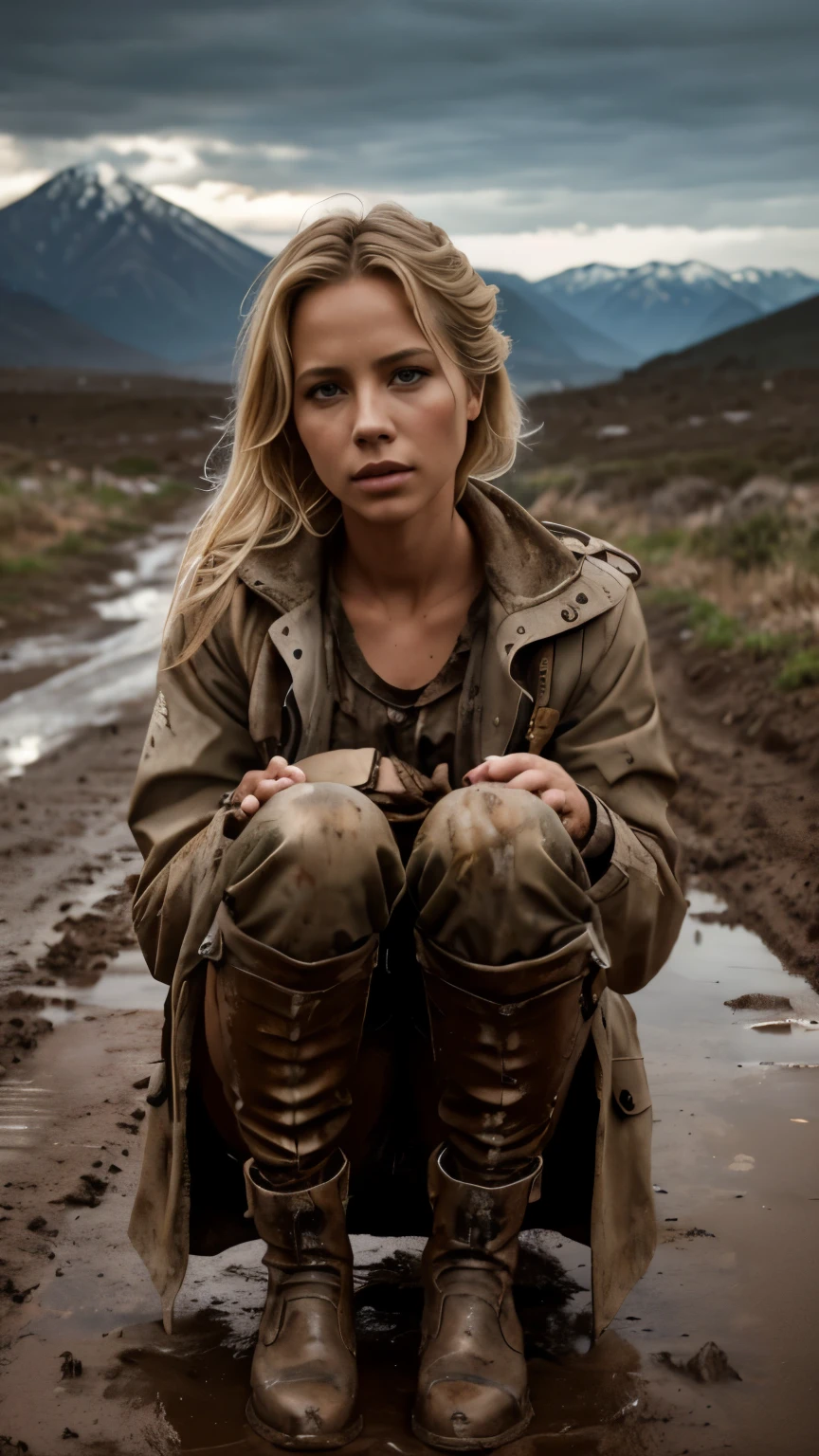 Foto hiperrealista en primer plano de 20 years old Maria Bello,, masterpiece, best quality, (photorealistic:1.4), full body, she is dirty, Dirty muddy rain coat, dirty corset, dirty muddy pants, Depict an empty road, mountains in the background, a rainy day, a muddy road in the rugged style of the game's concept art. This work should evoke a sense of abandonment and despair in a futuristic, post-apocalyptic world. Notice the intricacies of detail, the sharp focus. cinematic light, beautiful woman, skinny, small breasts, straight muddy blond  hair, detailed face, photo taken from a distance, sshe is sitting on the rock, she is very tired