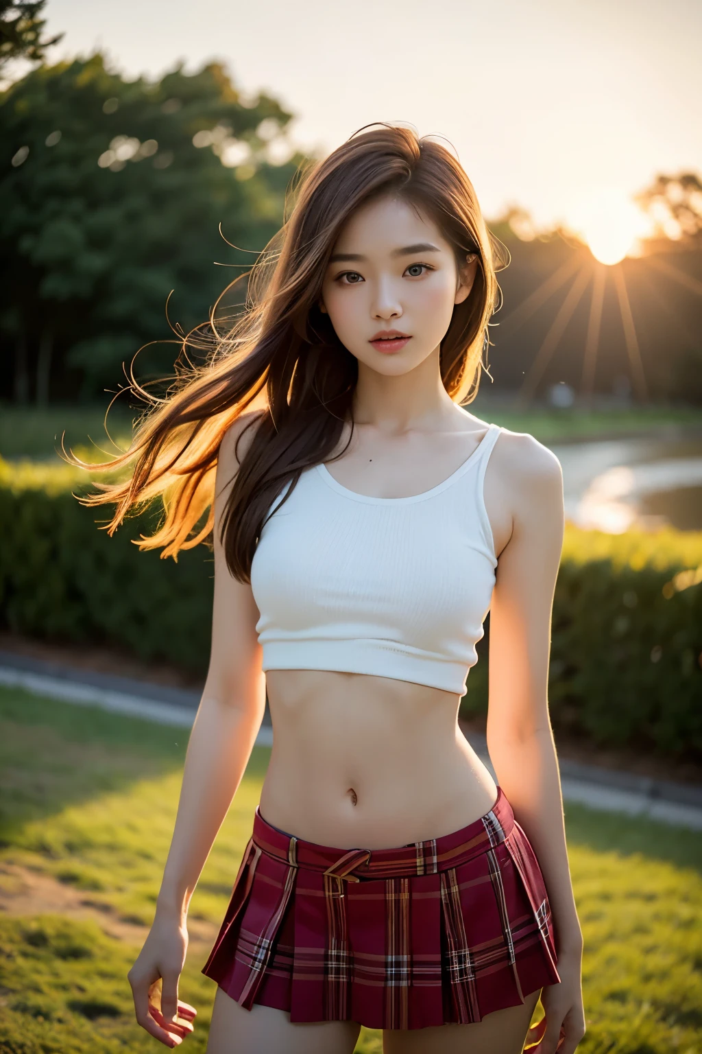 Photarealistic rendering of a 20-year-old Korean girl, clad in a red tartan hyper mini skirt and a white loose, low-cut tank top, captured in 8k Ultra High Definition using a Sony A7III camera. Her slim and slender body, accentuated by the exposure of her navel and open abdomen, is portrayed with utmost realism and attention to detail. The intricately textured, wavy shoulder-length light brown hair adds to her allure. The background subtly blurred, with a depth of field that emphasizes the girl's figure, and backlit by a sunset creating a warm, golden glow. The RAW