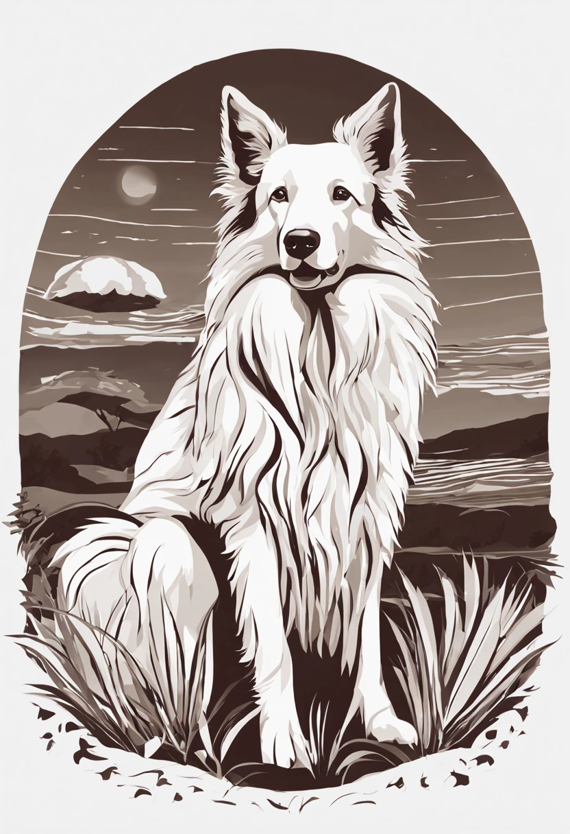 isolated vector-art t-shirt design of a dog of the Collie breed white color
, look at the desert with curiosity and wonder.  White Collie dog or bitch should be portrayed with a sense of admiration and fascination, cercado pelas maravilhas da natureza. Use cores suaves e sonhadoras para criar uma atmosfera extravagante e encantadora. The design should evoke a sense of wandering desire and encourage viewers to embrace their own adventurous spirit, isolado, Sem antecedentes, no estilo 0mib