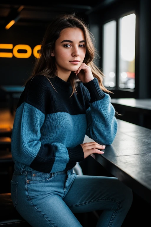 Instagram-Foto, 21 year old French woman, kurzes Haar, schwarzes Haar, Close-up portrait, Pullover, Dekollete, blass, harte Schatten, ist im Club, blaue Neonlichter, Full body, schlanke Figur, dunkelblaue Skinnyjeans, high heels