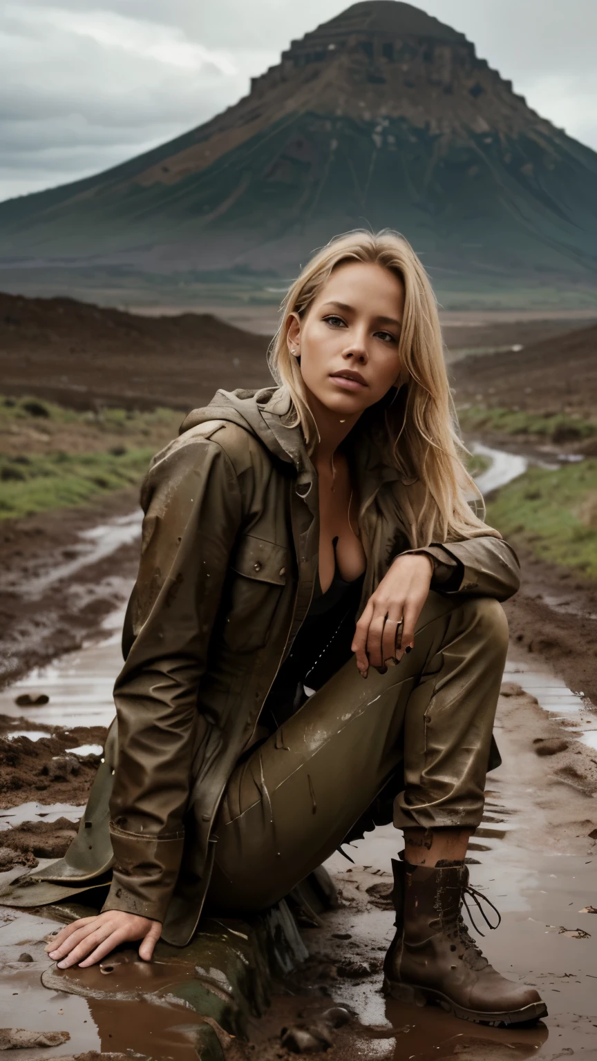 Foto hiperrealista en primer plano de 20 years old Maria Bello,, masterpiece, best quality, (photorealistic:1.4), full body, she is dirty, Dirty muddy rain coat, dirty corset, dirty muddy pants, Depict an empty road, mountains in the background, a rainy day, a muddy road in the rugged style of the game's concept art. This work should evoke a sense of abandonment and despair in a futuristic, post-apocalyptic world. Notice the intricacies of detail, the sharp focus. cinematic light, beautiful woman, skinny, small breasts, straight muddy blond hair, detailed face, photo taken from a distance, she is sitting on the rock rock, she is very tired