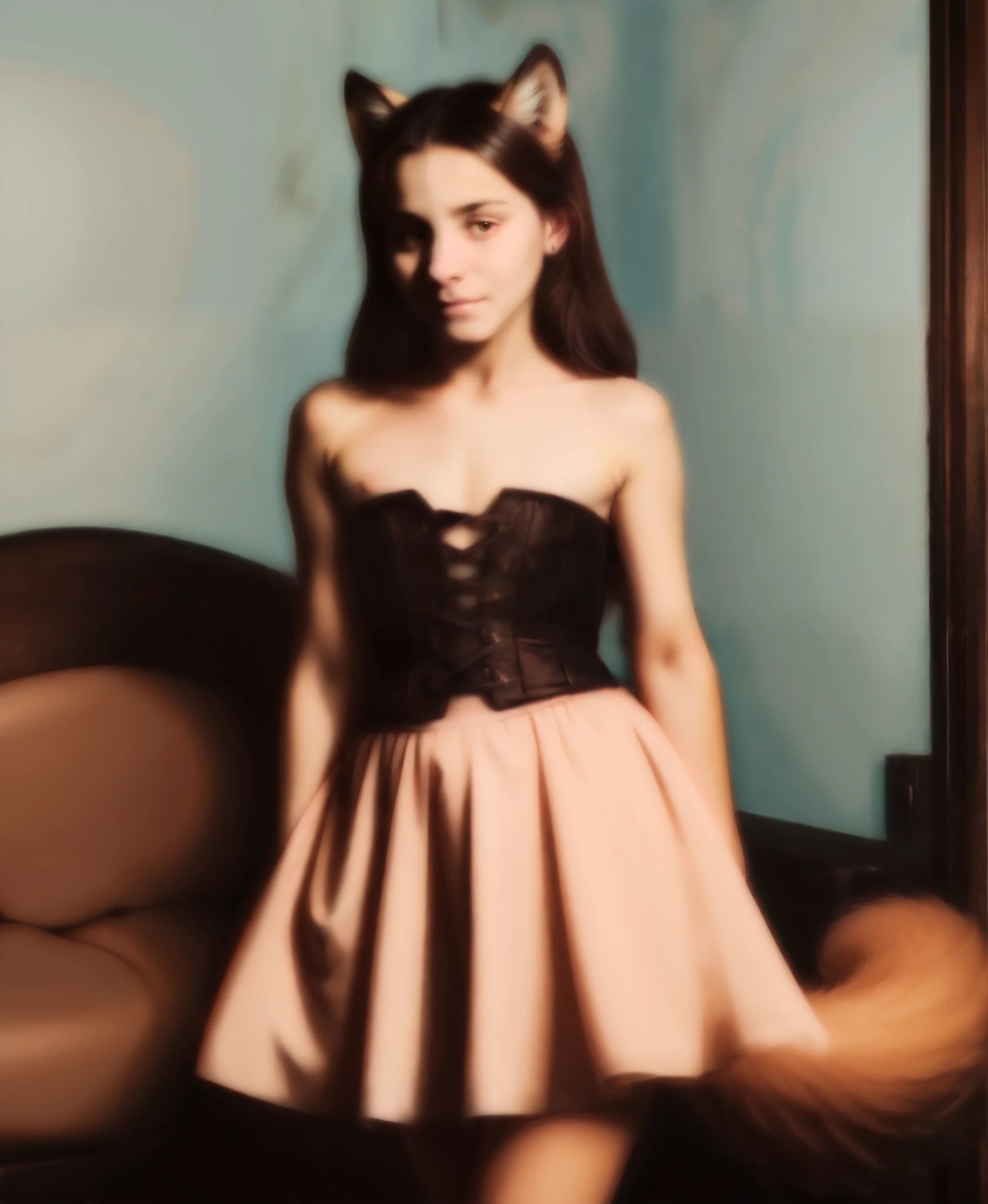 (photorealistic raw photo 16k hdr best quality:1.3), furry anthro fox girl in gothic&ta fashion, frilled white/pink dress with corset, (highly detailed fluffy red fox body fur, snout, fox tail:1.3), paws, girly hairstyle, inside, in medieval European style