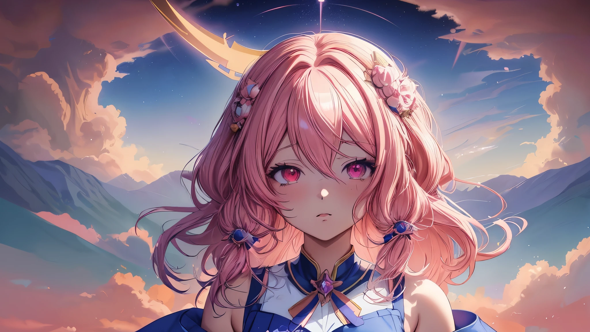 Chica anime con cabello rosado y ojos azules con un vestido azul., retrato, caballeros del zodiaco, , detailed arte animado digital, hermoso retrato animado, anime girl with cosmic hair, Cabello rosado y ojos cian., estilo anime 4k, arte animado digital, anime fantasy illustrations, anime fantasy illustration., anime in fantasy style, retrato chica anime, arte detallado del personaje de anime
