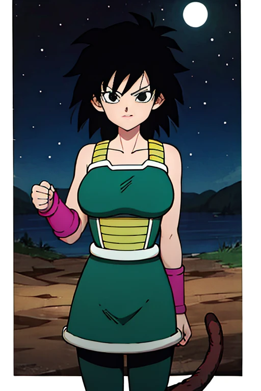 gine, 1girl, shadow, solo, long hair, breasts, ((large breast)), closed, night sky, black hair, black eyes, angry, bare shoulders, collarbone, full body, short hair, cowboy shot, clenched hand, spiked hair,
(green saiyan armor), saiyan skirt, black pantyhose, bracer, monkey tail,