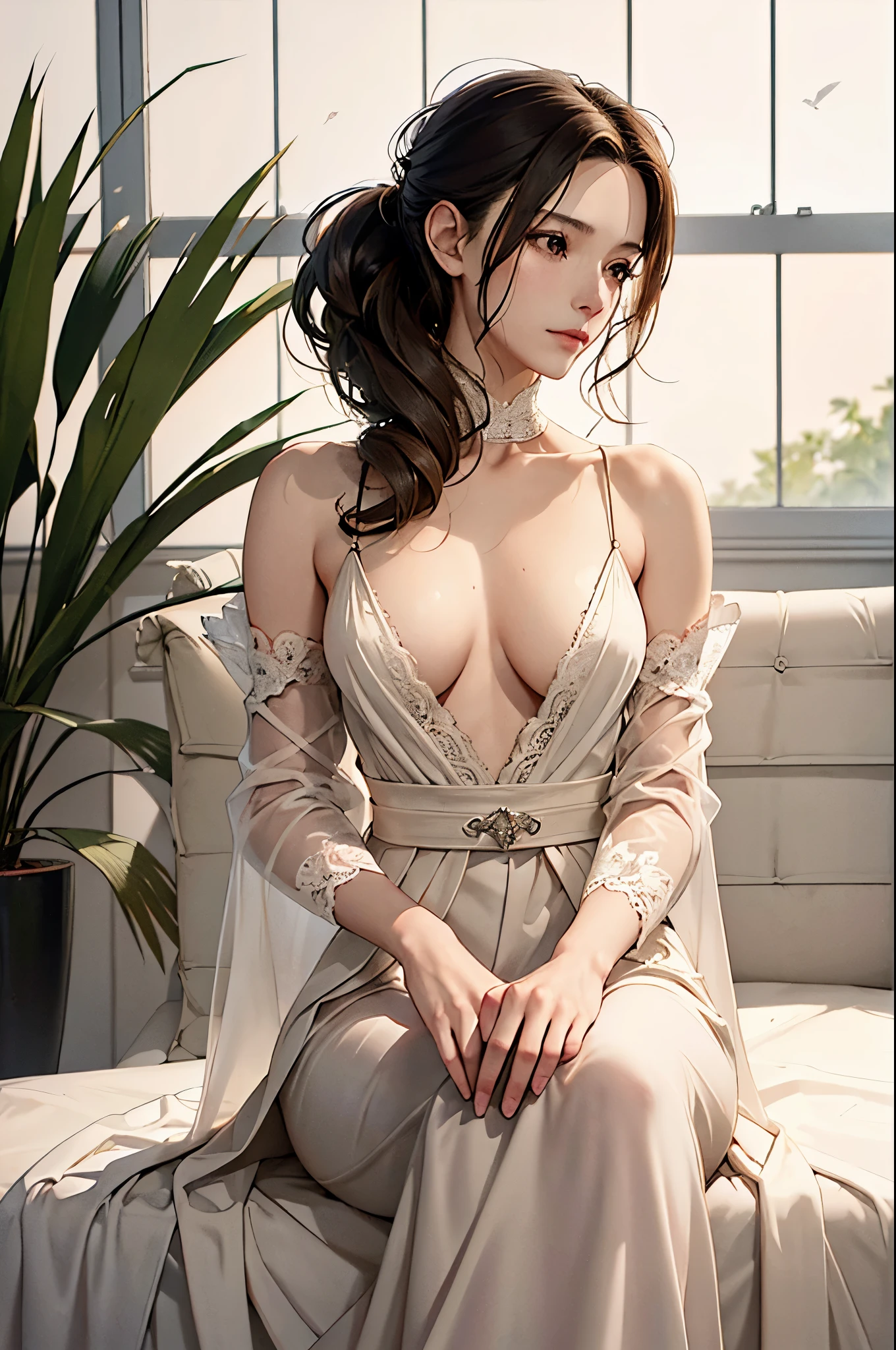 "Sayuri, a mature woman, age 44, with a height slightly below average, delicate features including a small upturned nose, almond-shaped eyes with a gentle sparkle, and a soft inviting smile, fair and flawless skin enhancing her youthful appearance, waist-length hair in smooth dark waves, often styled in a loose bun or simple ponytail, wearing Lace Dress Deep V Neck Long Sleeve Side Split Slim Formal Long Dress Black, accentuating her graceful demeanor, in a photorealistic image, traditional and elegant fashion photography style, full body shot, 35mm lens, soft and natural lighting, high resolution 8K, capturing her quiet elegance and humility (traditional and elegant fashion photography:1.4), (graceful demeanor:1.3), (soft and natural lighting:1.2)"
