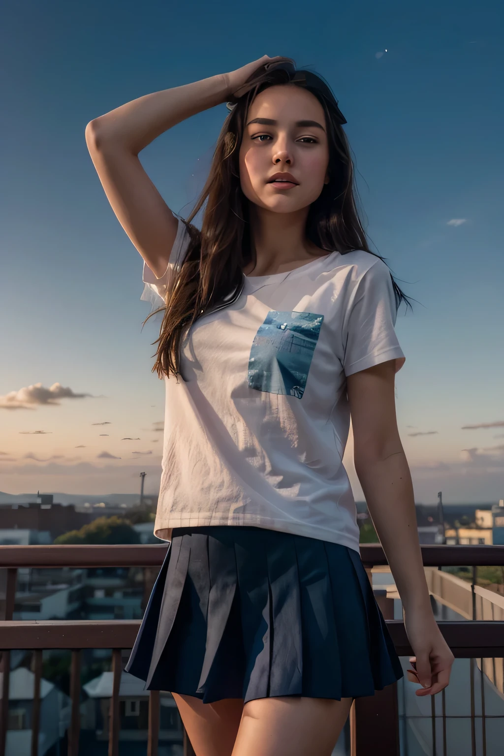 Young girl with her mouth closed looking at the camera, she has long flowing dark hair and sparkling blue eyes., wearing a drawstring shirt and a pleated skirt, looks at the sky. The sky is a canvas of twilight, painted with a palette of dark blue, purple and pale pink colors. Beautiful, Spectacular figure, playful manipulation of the body should evoke a sense of introspection and reverence for the universe.