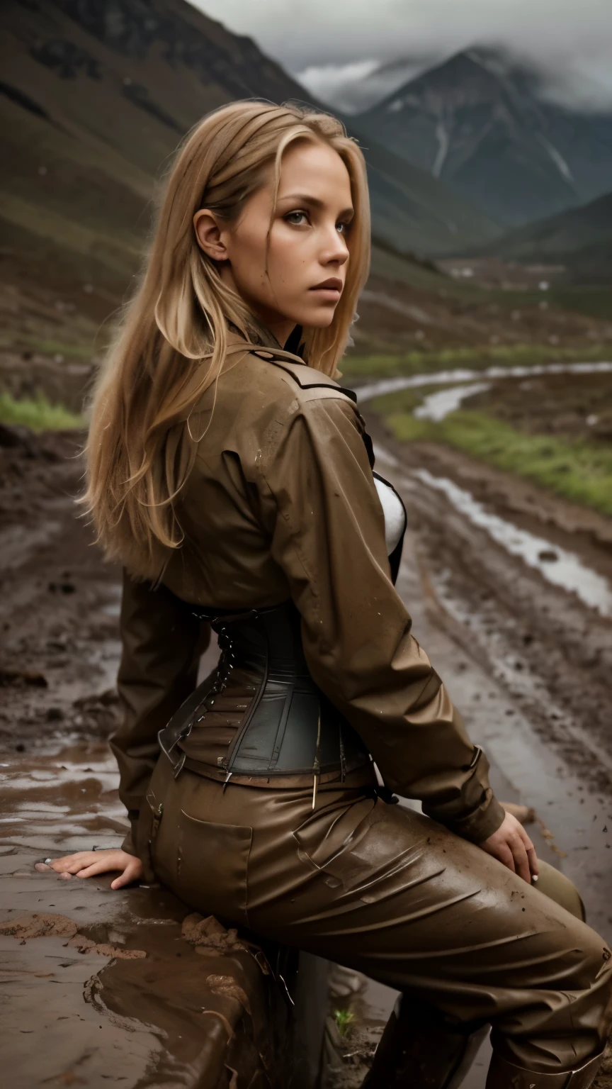Foto hiperrealista en primer plano de 20 years old Maria Bello,, masterpiece, best quality, (photorealistic:1.4), full body, she is dirty, Dirty muddy rain coat, dirty corset, dirty muddy pants, Depict an empty road, mountains in the background, a rainy day, a muddy road in the rugged style of the game's concept art. This work should evoke a sense of abandonment and despair in a futuristic, post-apocalyptic world. Notice the intricacies of detail, the sharp focus. cinematic light, beautiful woman, skinny, small breasts, straight muddy blond hair, detailed face, photo taken from a distance, she is sitting on the rock rock, she is very tired, sits backwards, you can see her back