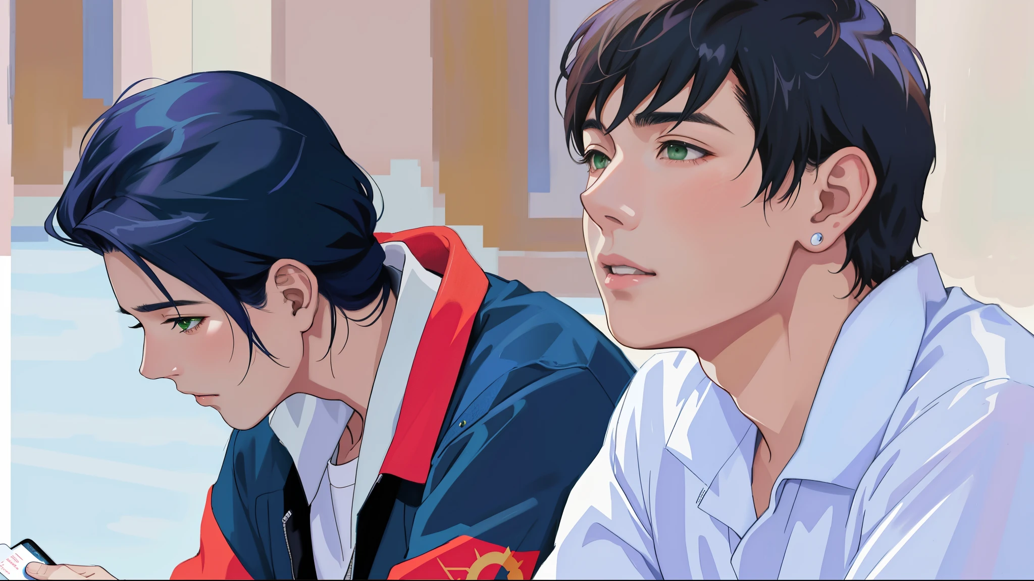 There are two 15-year-old men, their clothes are blue and their hair is green, green eyes., one of them looks with fear and amazement at the horizon sitting next to each other looking at a cell phone, jin shan y ross tran, arte digital picture, pintura digital de dibujos animados, inspirado por Matsumura Goshun, [ arte digital ]!!, # 1 pintura digital de todos los tiempos, #1 pintura digital de todos los tiempos, realism artistic style, realistic anime art style, realistic art style