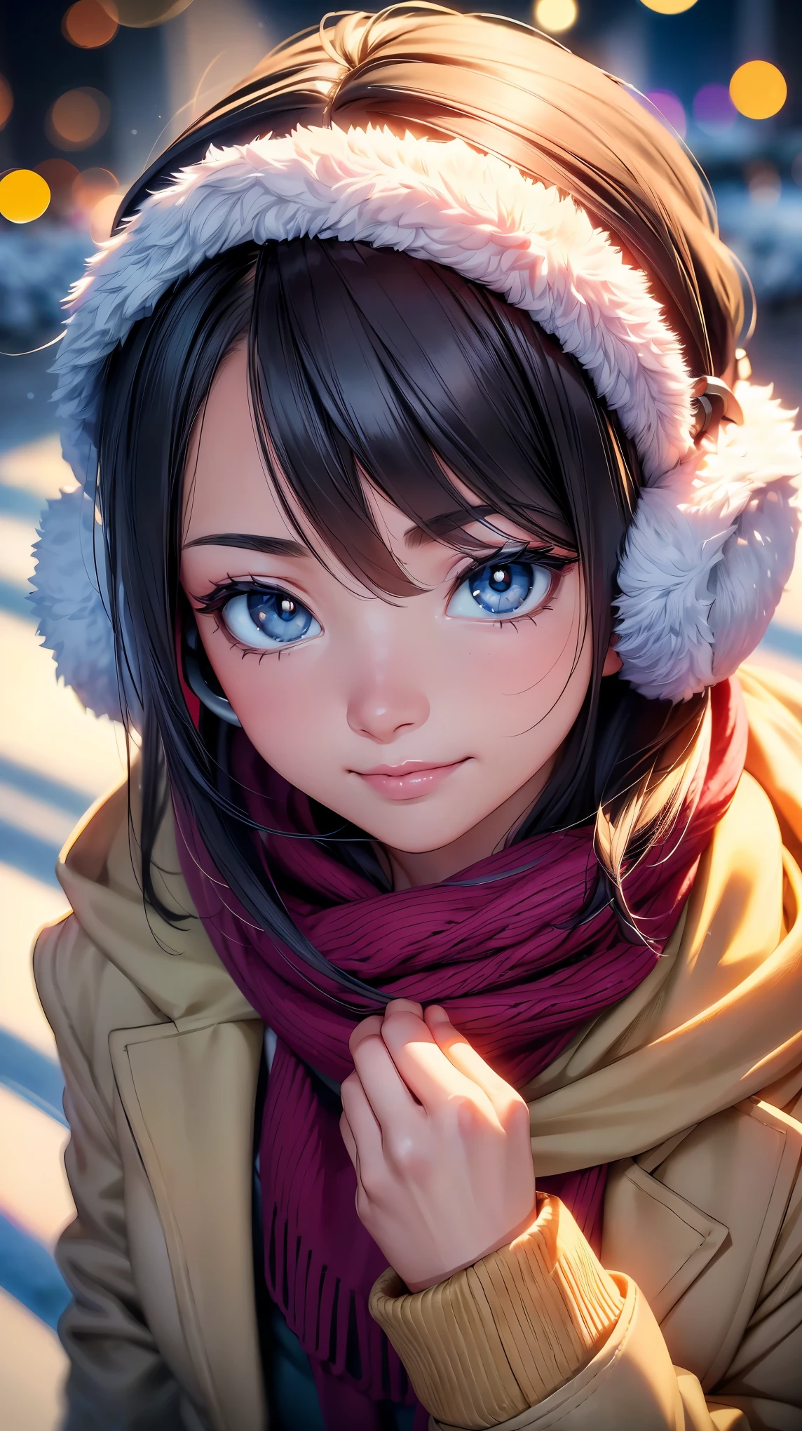 (8K, RAW photo, 最high quality, masterpiece: 1.2), High-definition RAW color photo, Professional photo shoot, cinematic light, , (((young woman, gal))), (Sharp features), (Big eyes), (small face), (high detail skin: 1.2), cute face, beautiful appearance, long eyelashes, (rainbow hair), (slim body:1.5), very detailed顔と肌の質感, detailed eyes, natural makeup, white coat, Earmuffs, A woman whose mouth is hidden by a fluffy white scarf, hold the muffler with your hand, cold air feeling, ((Face close-up shot)), smile, staring eyes, beautiful skin, shiny skin, (((upward glance:1.2, Composition looking down from above))), perfect fingers, five fingers, anatomically correct, winter background, background bokeh, high quality, surreal, bright colors, ((very detailed, photo shoot)),