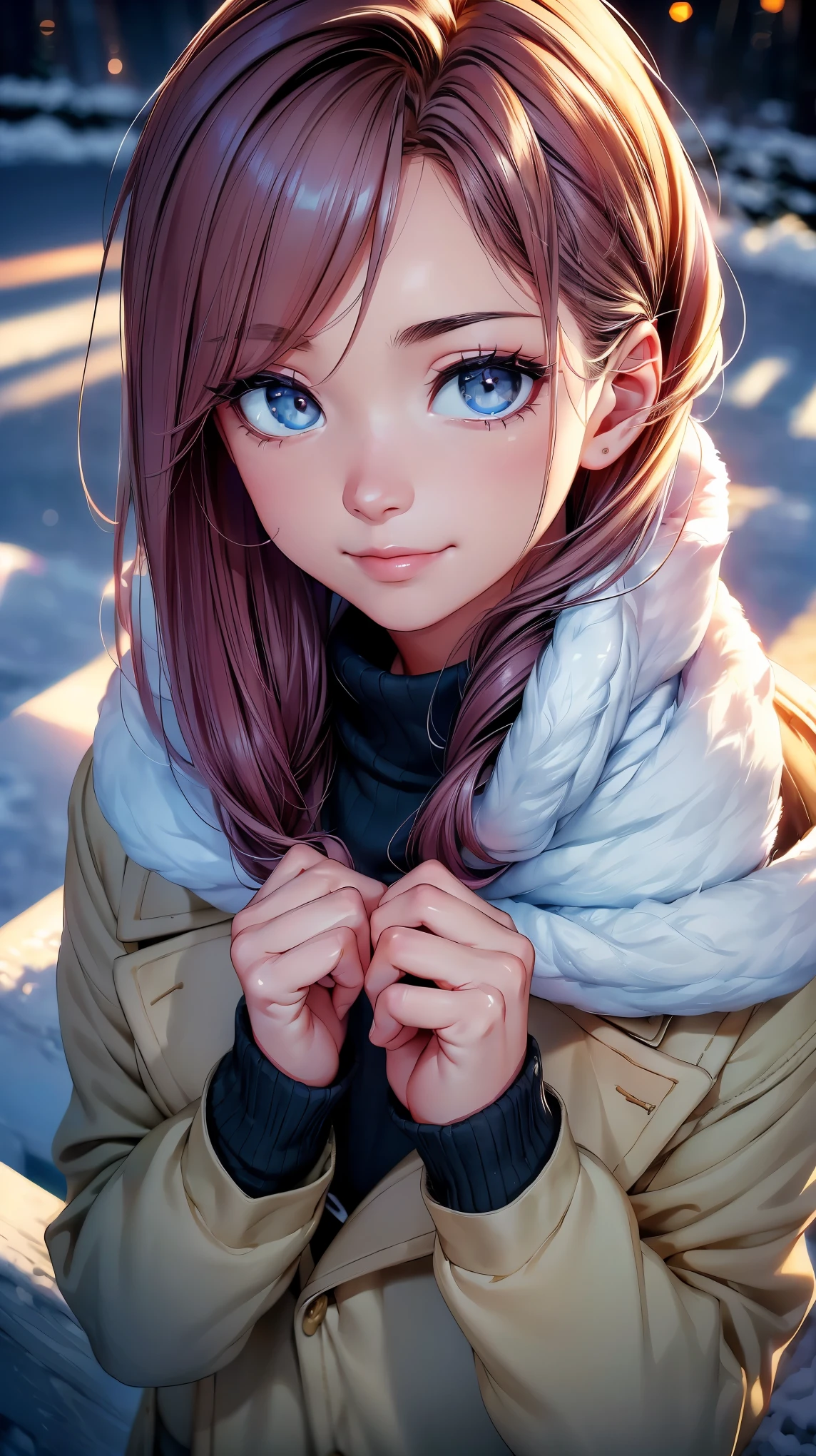 (8K, RAW photo, 最high quality, masterpiece: 1.2), High-definition RAW color photo, Professional photo shoot, cinematic light, , (((young woman, gal))), (Sharp features), (Big eyes), (small face), (high detail skin: 1.2), cute face, beautiful appearance, long eyelashes, (rainbow hair), (slim body:1.5), very detailed顔と肌の質感, detailed eyes, natural makeup, white coat, Earmuffs, A woman whose mouth is hidden by a fluffy white scarf, hold the muffler with your hand, cold air feeling, ((Face close-up shot)), smile, staring eyes, beautiful skin, shiny skin, (((upward glance:1.2, Composition looking down from above))), perfect fingers, five fingers, anatomically correct, winter background, background bokeh, high quality, surreal, bright colors, ((very detailed, photo shoot)),