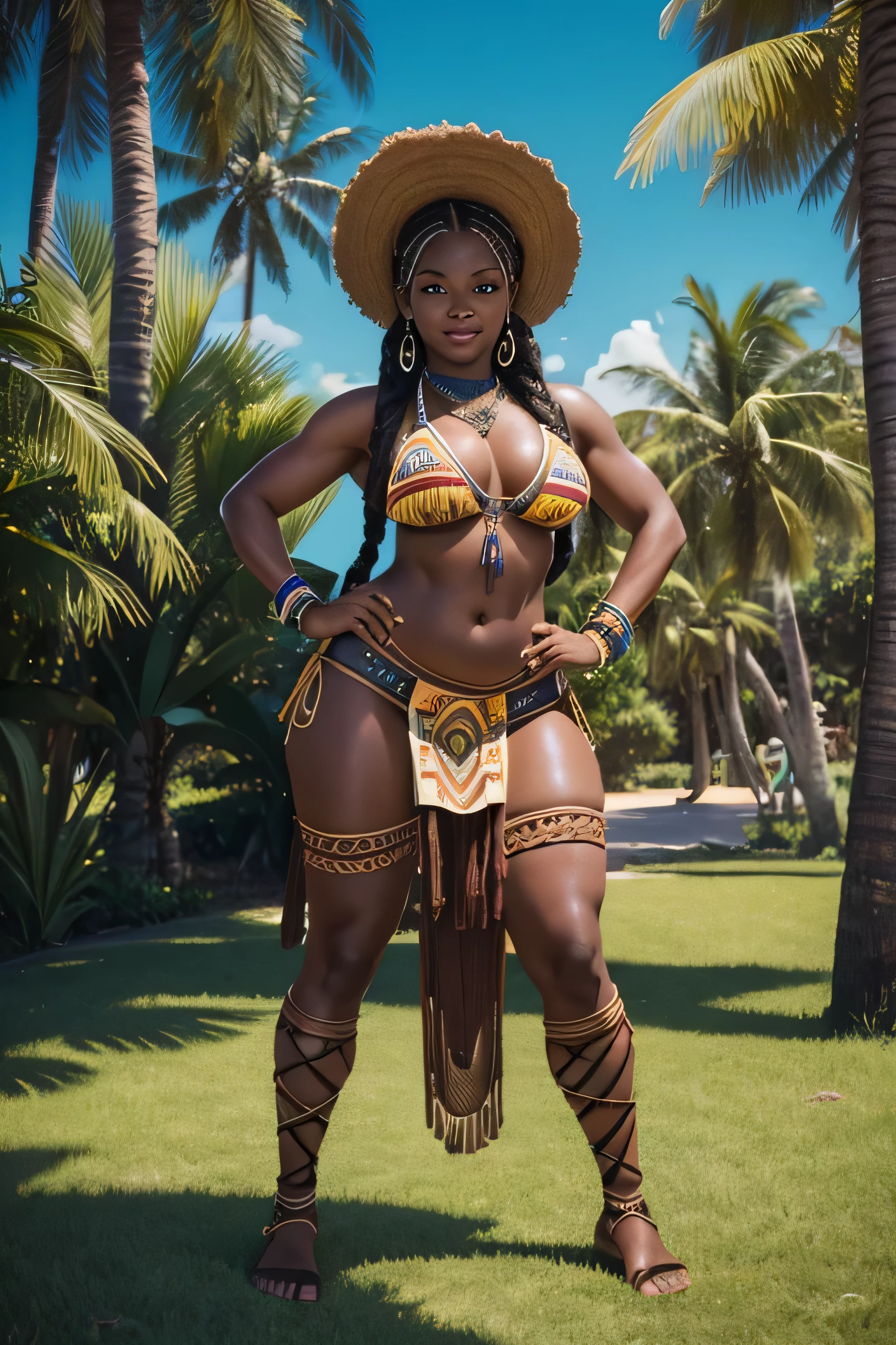 HD, dark skinned, female, age 18, humanoid, honey, long braided hair, Jackie Parris, ((((Jackie Parris)))), thicc build, full body, loincloth, dancing, tribal, grass skirt, coconut bikini
