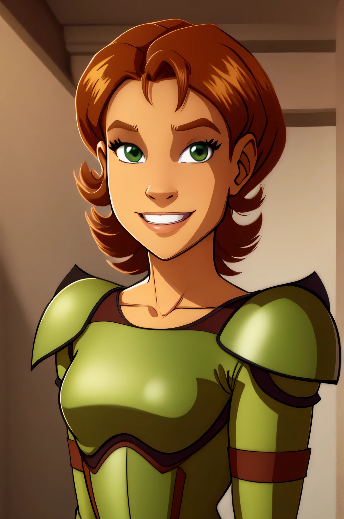 Irma,brown hair,solo,short hair,green eyes, standing,upper body, cute smile, in the red armor