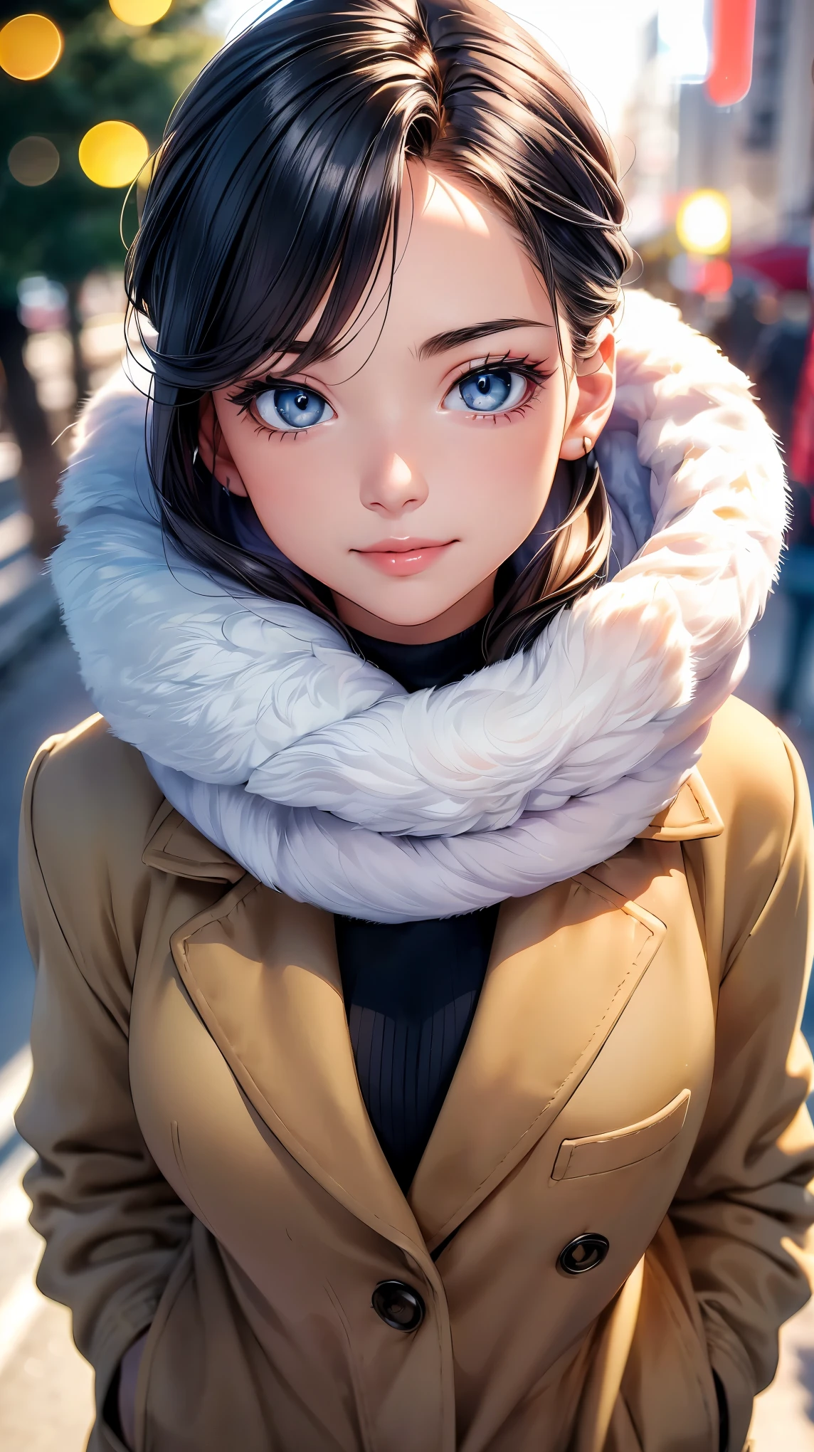 (8K, RAW photo, 最high quality, masterpiece: 1.2), High-definition RAW color photo, Professional photo shoot, cinematic light, , (((young woman, gal))), (Sharp features), (Big eyes), (small face), (high detail skin: 1.2), cute face, beautiful appearance, long eyelashes, (rainbow hair), (slim body:1.5), very detailed顔と肌の質感, detailed eyes, natural makeup, white coat, Earmuffs, A woman whose mouth is hidden by a fluffy white scarf, hold the muffler with your hand, cold air feeling, ((Face close-up shot)), smile, staring eyes, beautiful skin, shiny skin, (((upward glance:1.2, Composition looking down from above))), perfect fingers, five fingers, anatomically correct, winter background, background bokeh, high quality, surreal, bright colors, ((very detailed, photo shoot)),