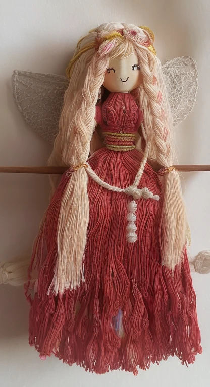 macrame Doll with long hair and beautiful happy face,cute and cuddly,8k,highly detailed,masterpiece,anime style,Lovely, Cute,vibrant, bright colors