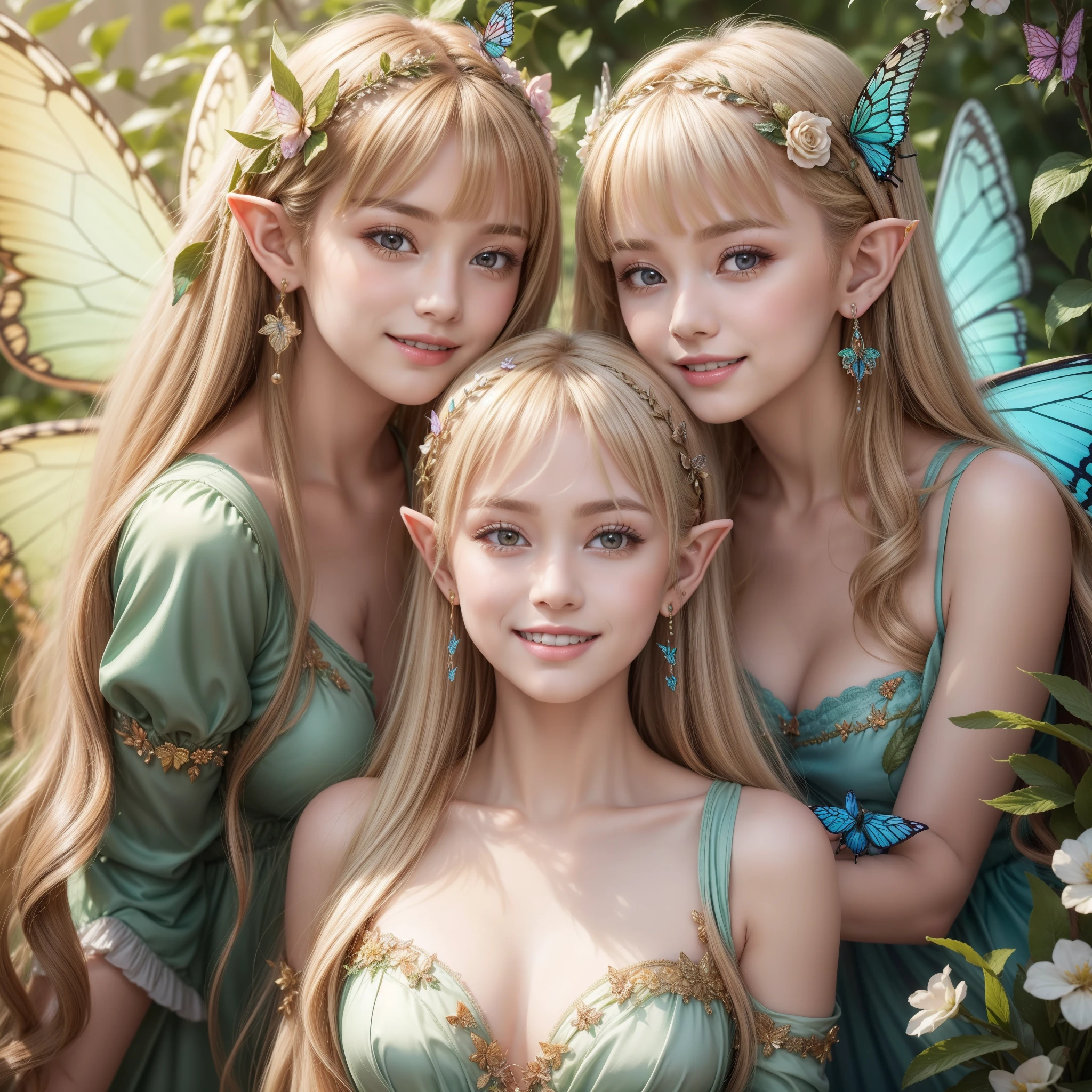Two beautiful young elves, cute, sexy, with long flowing blonde hair with bangs, silky skin, beautiful eyes, beautiful lips, wearing earrings, ornaments in their hair, smiling (showing teeth), with butterfly wings behind their head, wearing a beautiful low-cut light silk dresses, with bouquets of flowers on both sides, and in the background, butterflies flying around and under their heads, beautiful hyper-realistic butterfly elves, photorealistic adorned elves, beautiful spring elves with intricate details.
