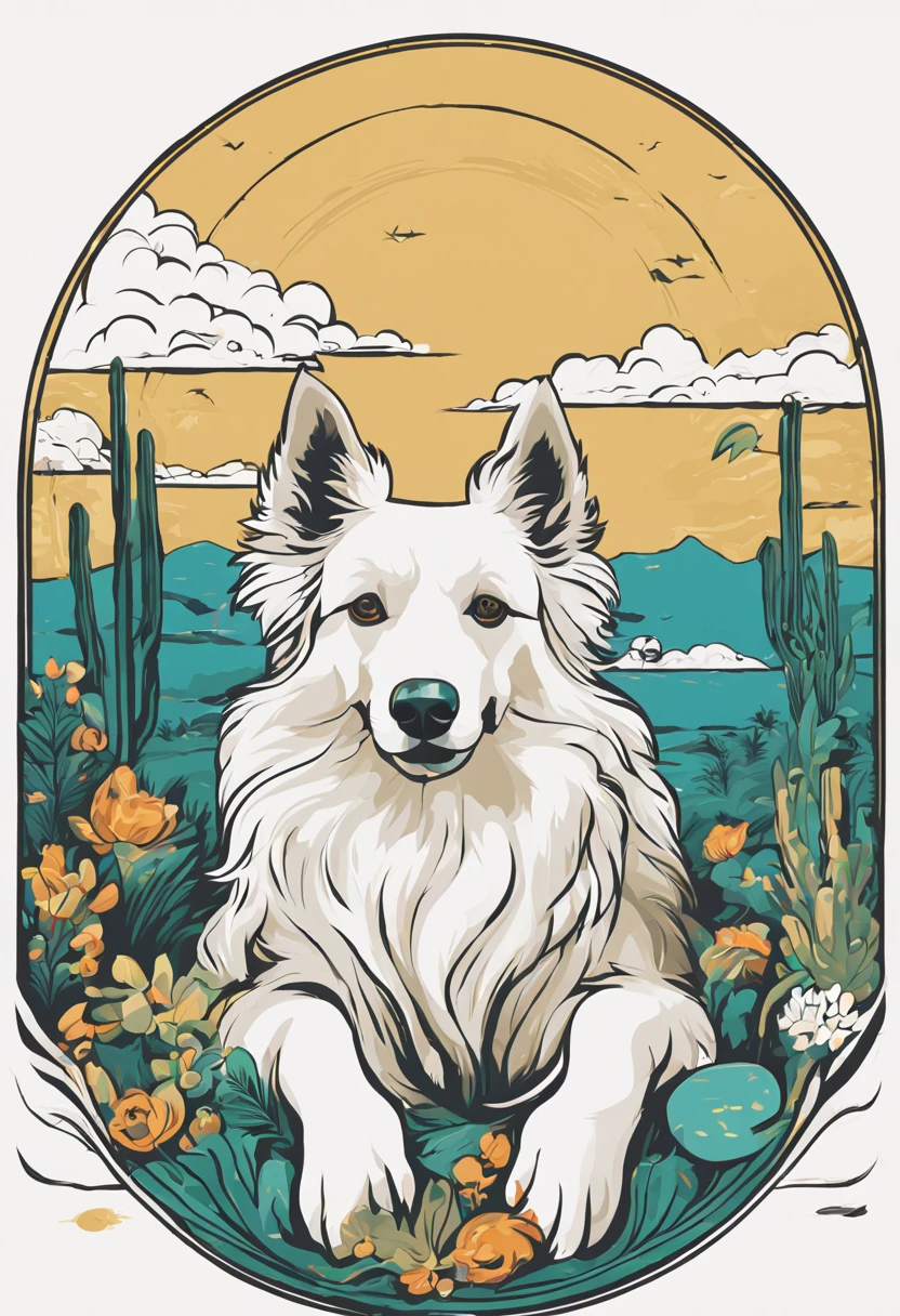 Plants and artistic details form a round frame to house the dog in the center, Popart, streetart, isolated vector-art t-shirt design of a dog of the Collie breed white color
, look at the desert with curiosity and wonder.  White Collie dog or bitch should be portrayed with a sense of admiration and fascination, cercado pelas maravilhas da natureza. Use cores suaves e sonhadoras para criar uma atmosfera extravagante e encantadora. The design should evoke a sense of wandering desire and encourage viewers to embrace their own adventurous spirit, isolado, Sem antecedentes, no estilo 0mib