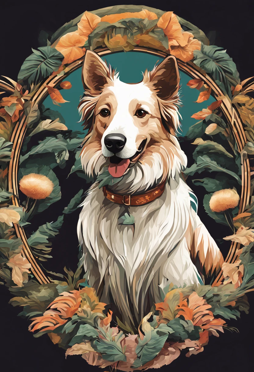 Plants and artistic details form a round frame to house the dog in the center, Popart, streetart, isolated vector-art t-shirt design of a dog of the Collie breed white color
, look at the desert with curiosity and wonder. White Collie dog or bitch should be portrayed with a sense of admiration and fascination, cercado pelas maravilhas da natureza. Use cores suaves e sonhadoras para criar uma atmosfera extravagante e encantadora. The design should evoke a sense of wandering desire and encourage viewers to embrace their own adventurous spirit, isolado, Sem antecedentes, no estilo 0mib